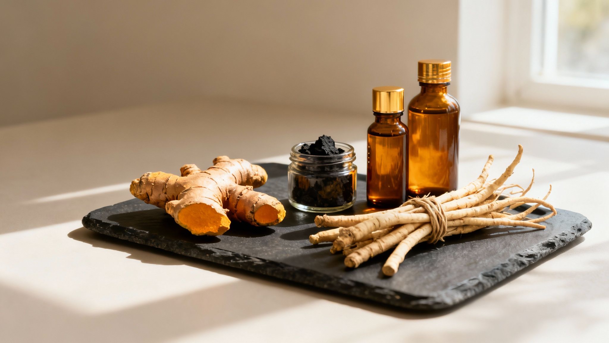 Natural ingredients for supplements: turmeric, charcoal, medicinal roots, and amber bottles on a slate board.