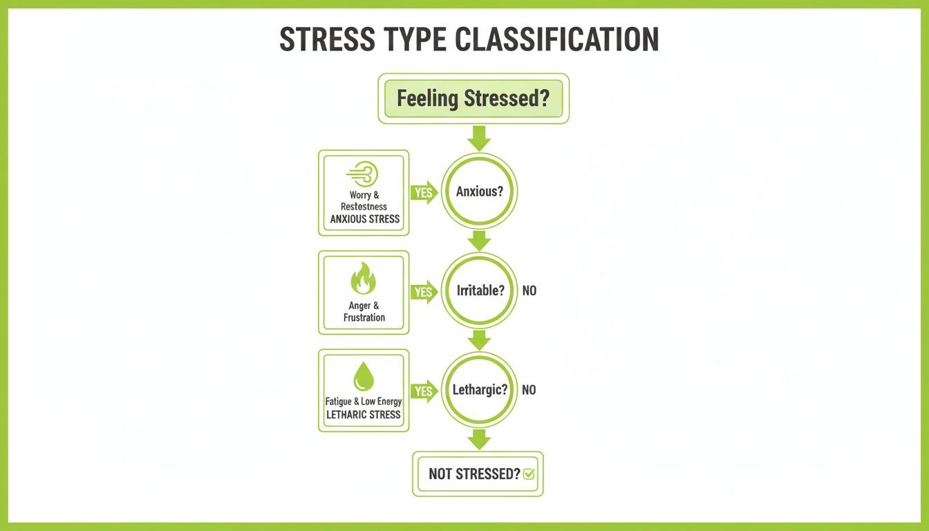Flowchart classifying stress types based on symptoms like anxiety, irritability, and lethargy.