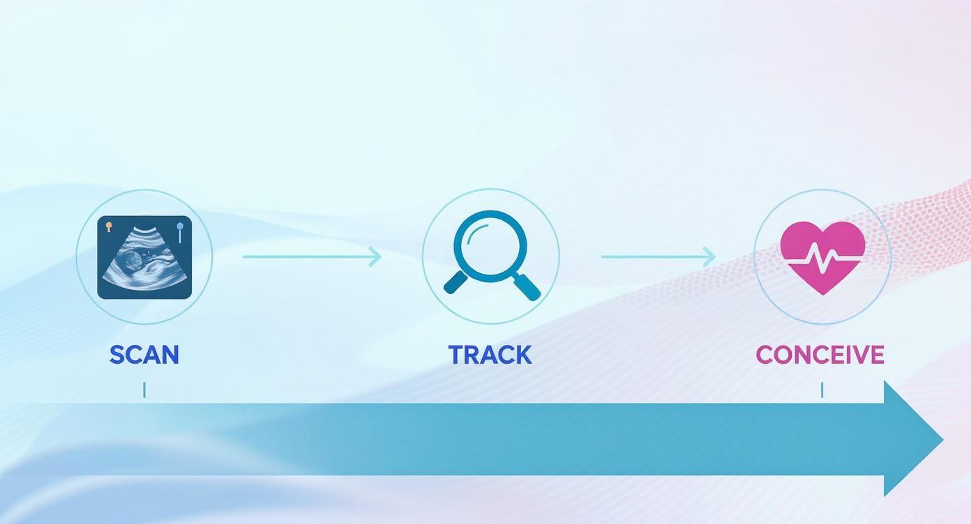 A three-step diagram showing scan, track, and conceive with medical icons, representing a fertility journey.