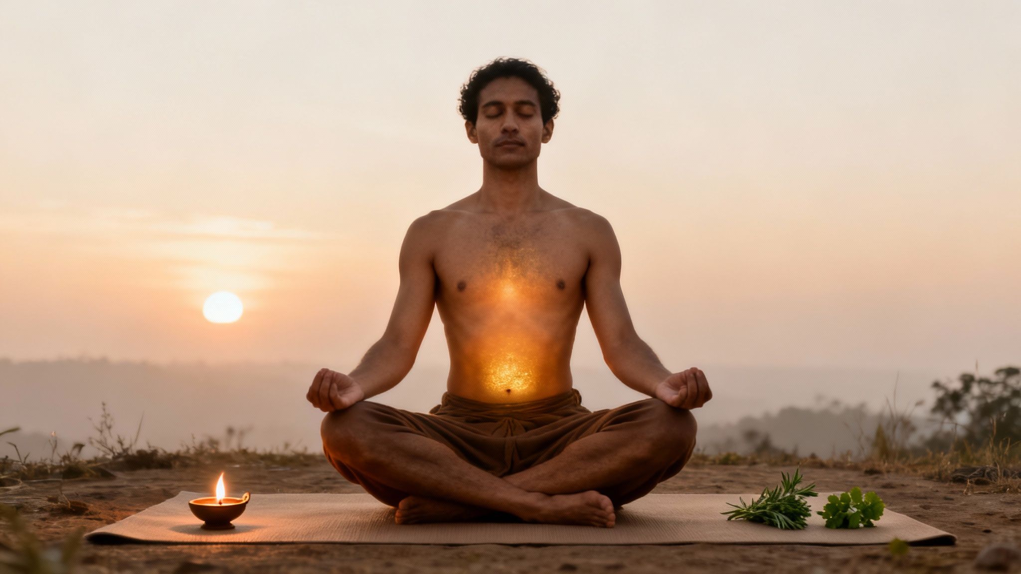 A man meditates in a lotus position outdoors at sunset, with a glowing chest and abdomen, an oil lamp, and herbs.