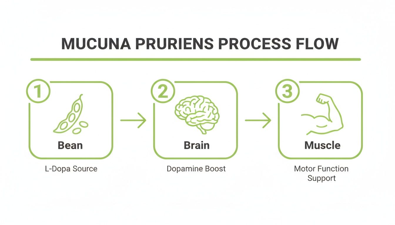 Flowchart showing Mucuna Pruriens process: bean as L-Dopa source, boosting dopamine in brain, and supporting motor function in muscles.