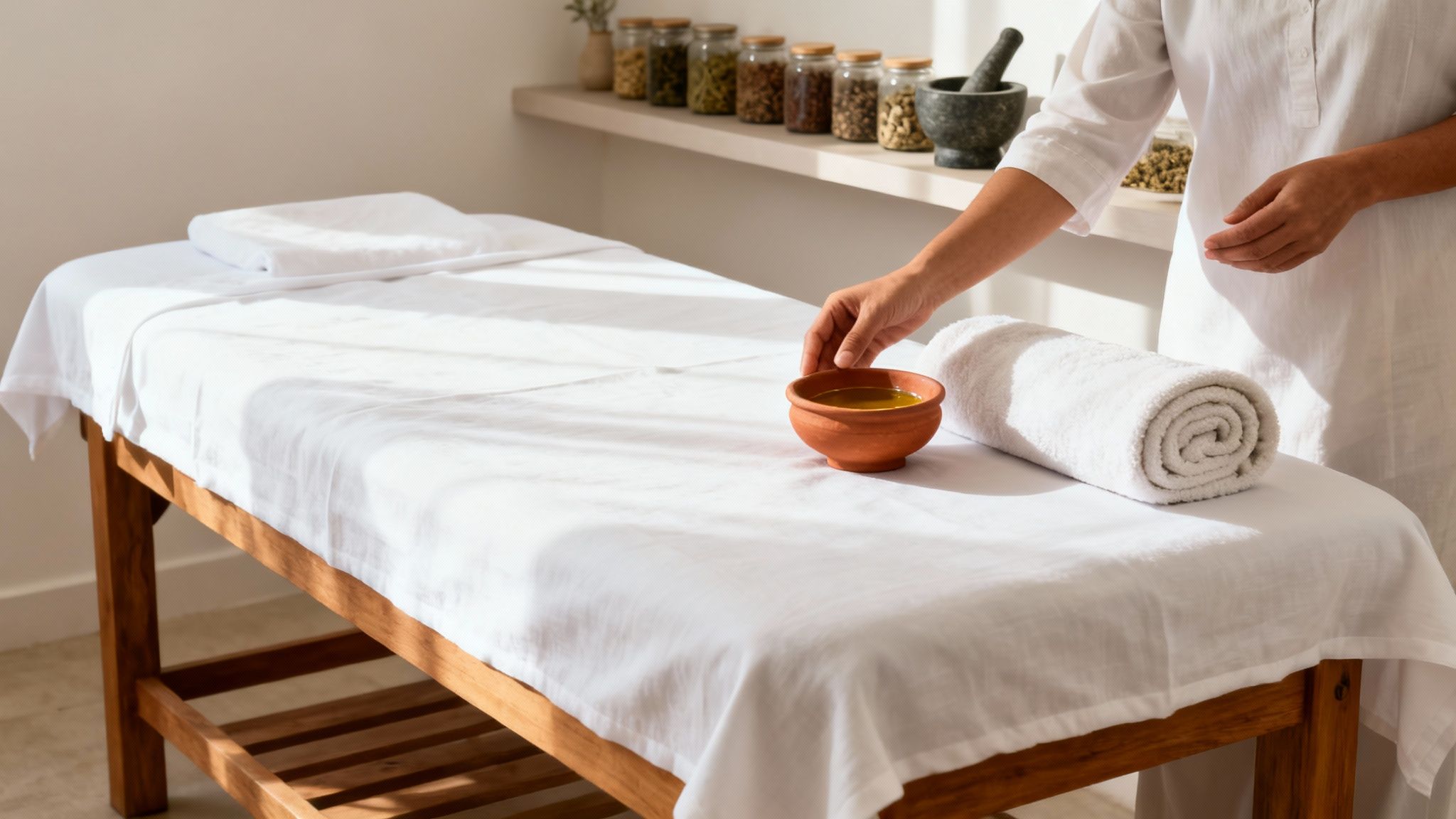 A therapist prepares an Ayurvedic massage table with oil and a towel in a serene wellness room.