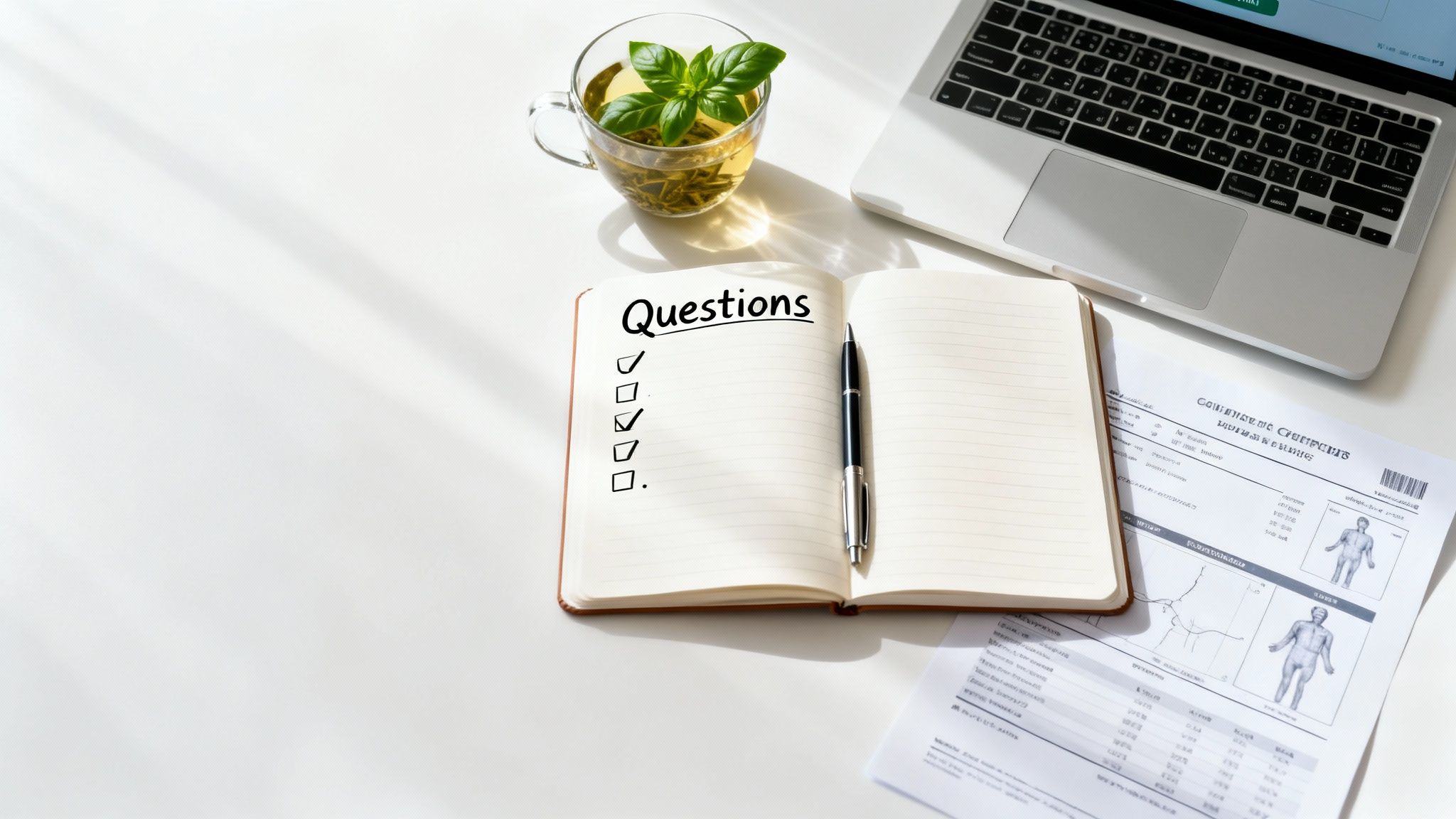 Flat lay of a desk setup with a notebook titled 'Questions', laptop, herbal tea, and medical forms.