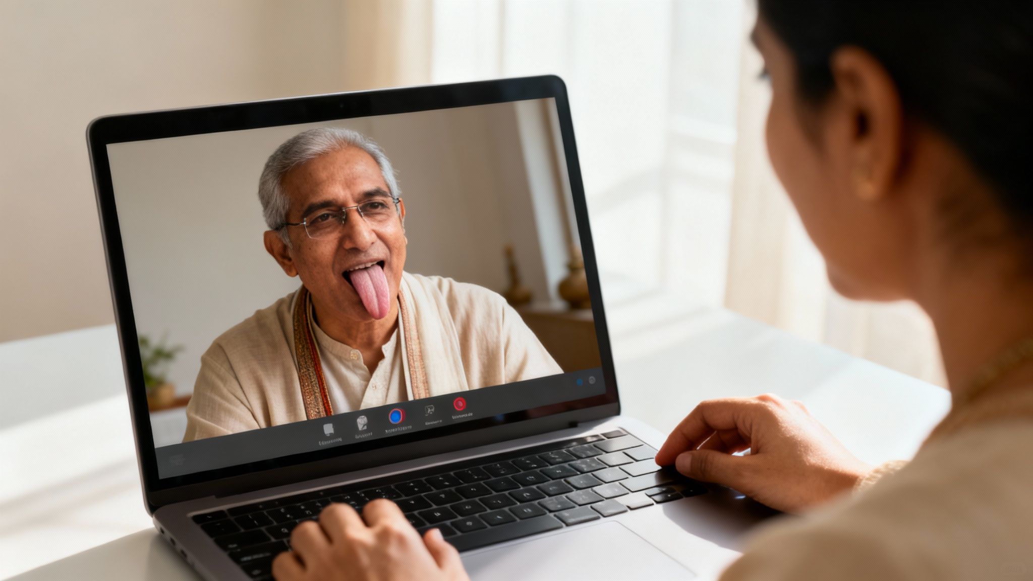 A person video calling an older man sticking his tongue out on a laptop screen.