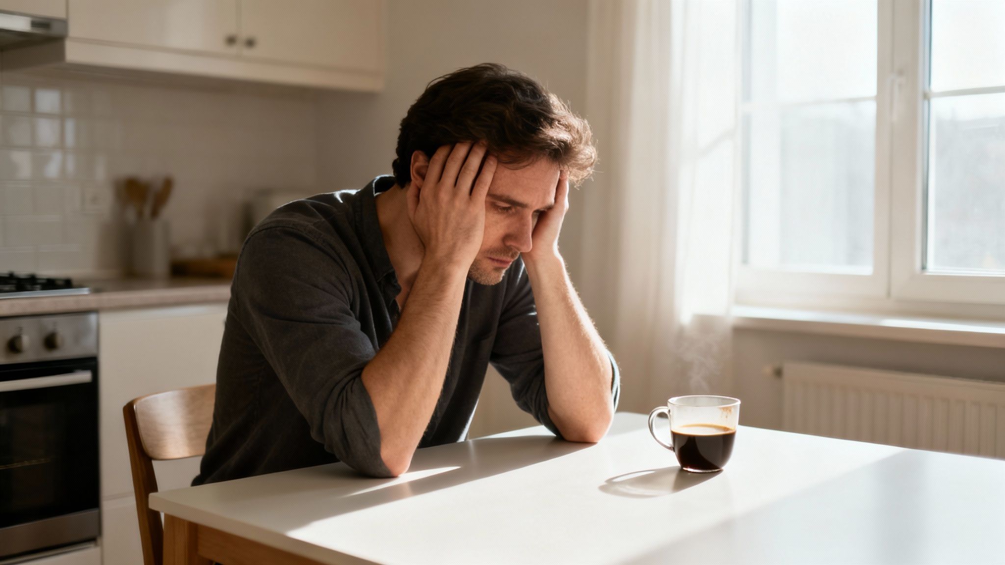 A stressed man with hands on his head, sitting at a kitchen table with a cup of coffee.