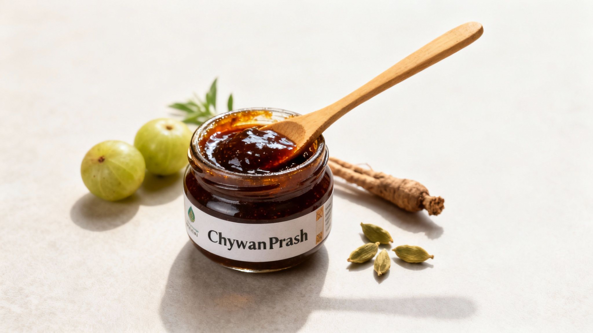 A jar of Chywanprash with a wooden spoon, fresh amla, and cardamom pods on a light surface.