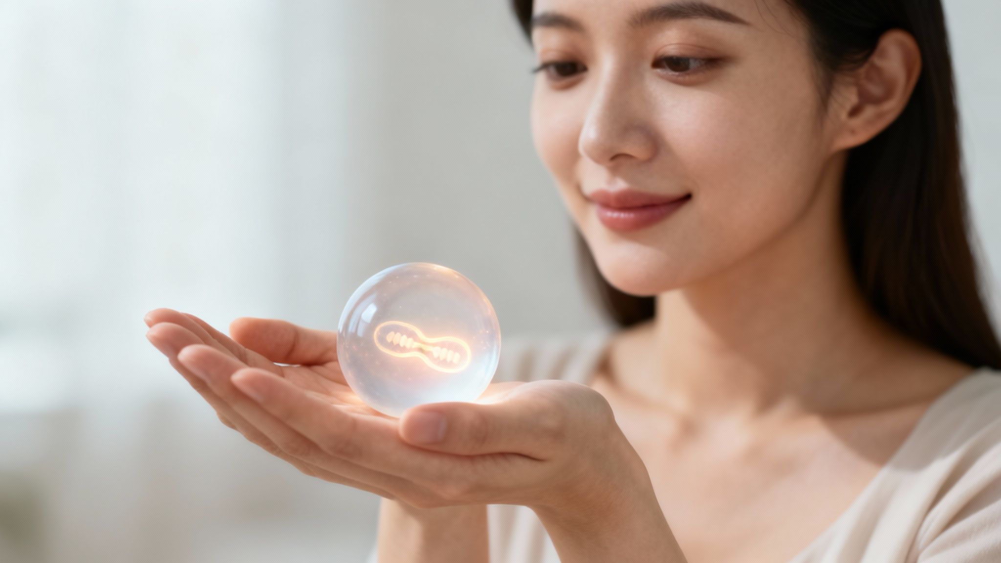 A woman gently holds a glowing orb containing a DNA-like structure, symbolizing health and science.
