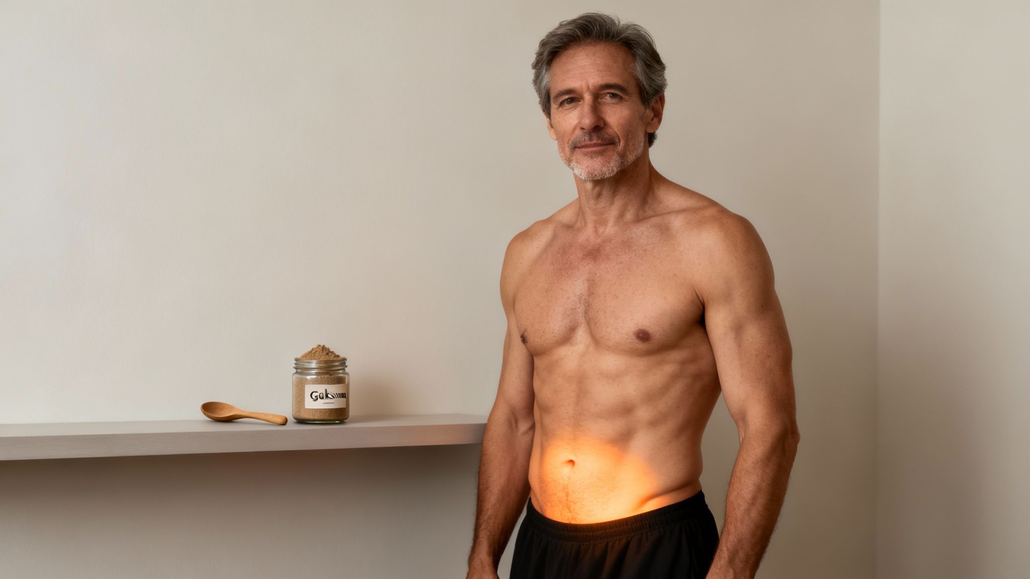 A healthy, shirtless man with gray hair stands next to a jar of Gokshura powder.