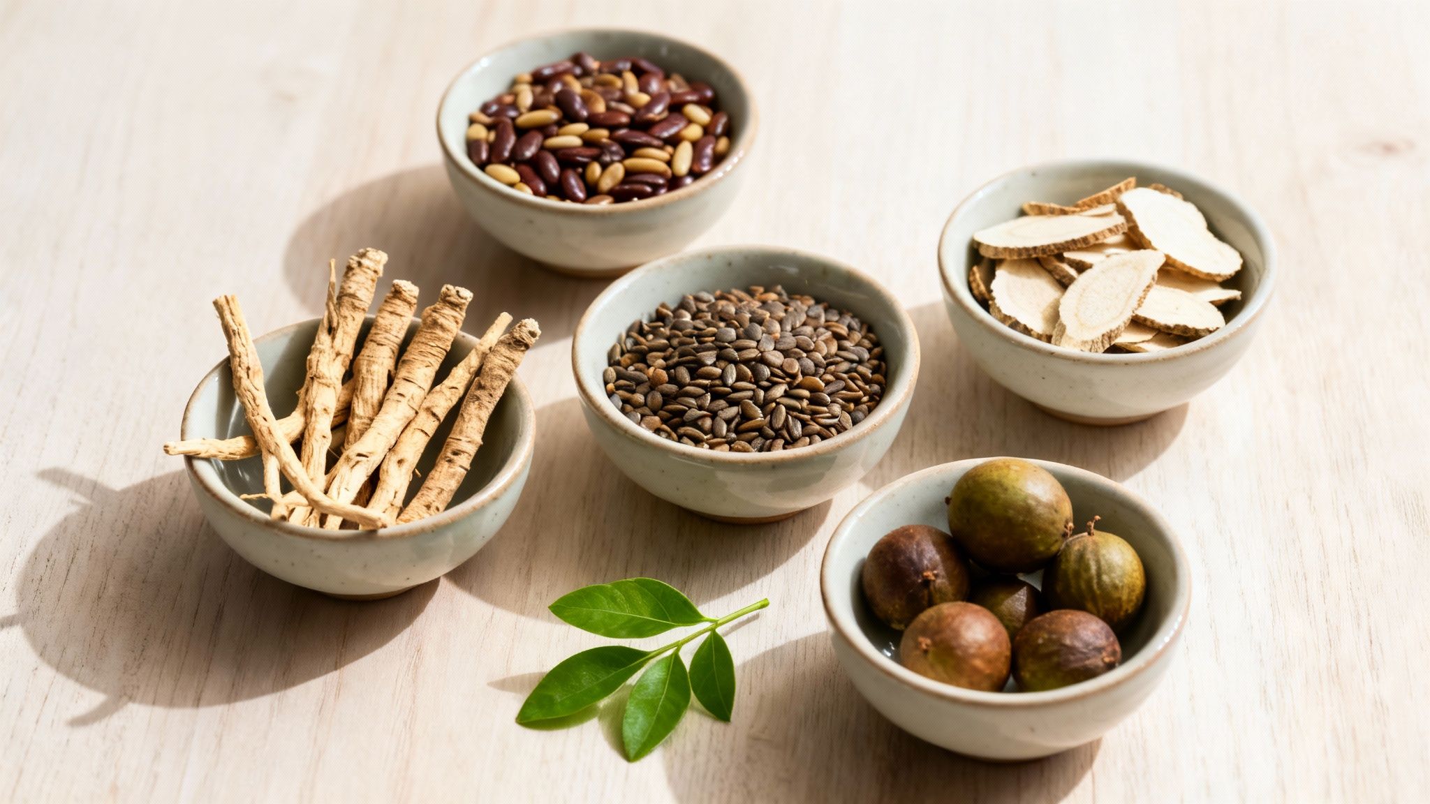 Small bowls of traditional dried herbs, roots, seeds, and fruits on a light wooden surface.