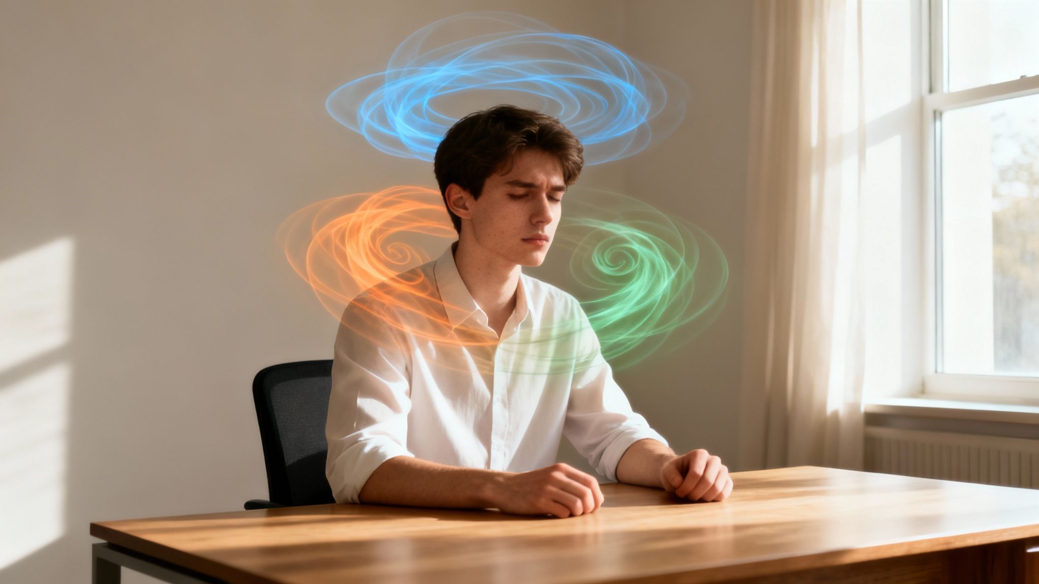 A young man meditating at a desk, surrounded by swirling blue, orange, and green energy.