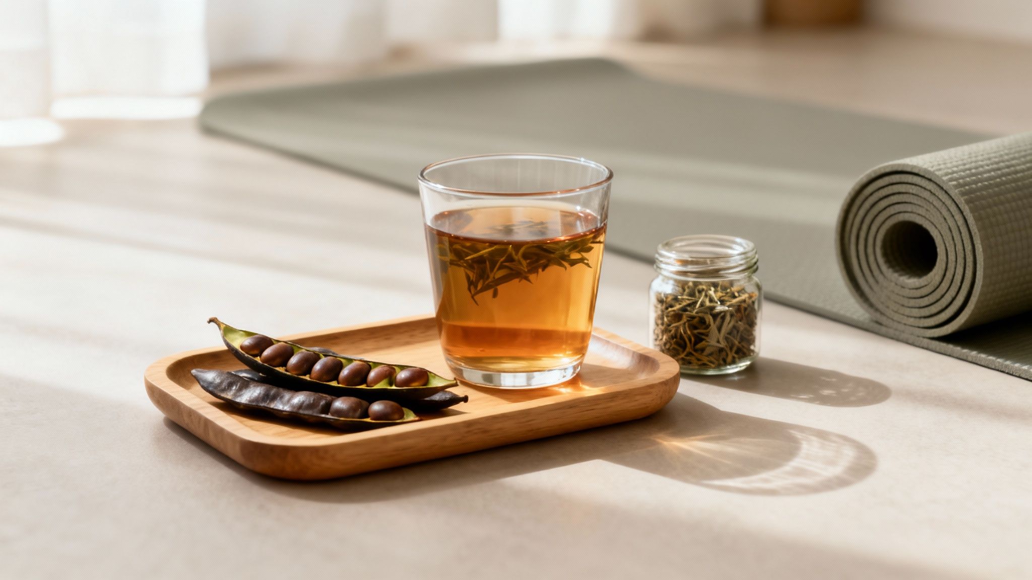 A refreshing glass of herbal tea, carob pods, and dried tea leaves by a rolled yoga mat.
