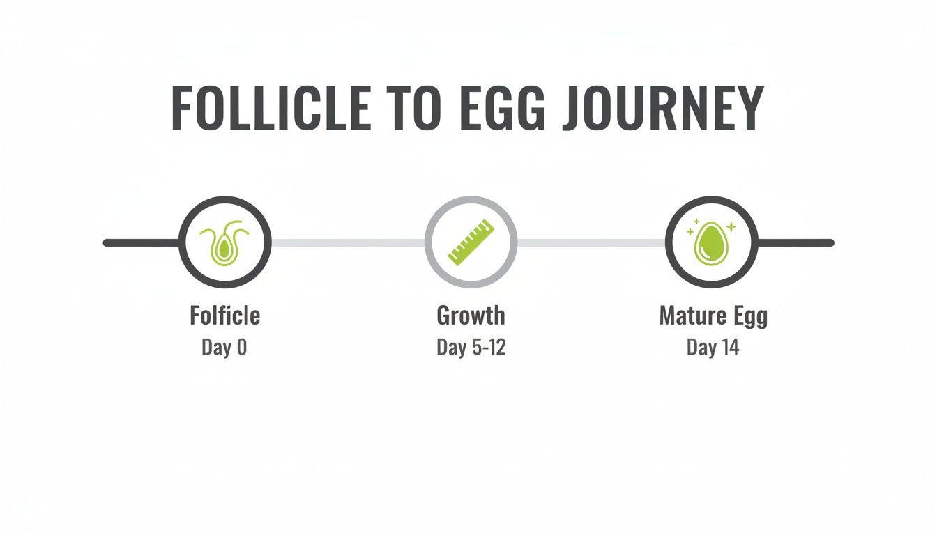 Timeline illustrating the follicle to egg journey over 14 days, showing growth and maturation.