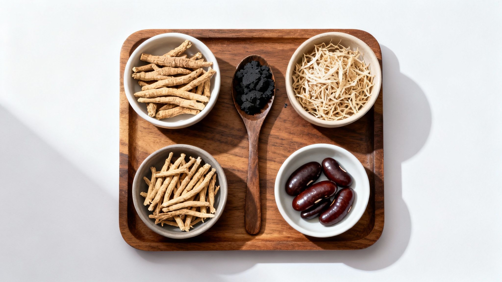 A wooden tray with bowls of dried roots, shredded herbs, dark red beans, and black powder on a spoon.