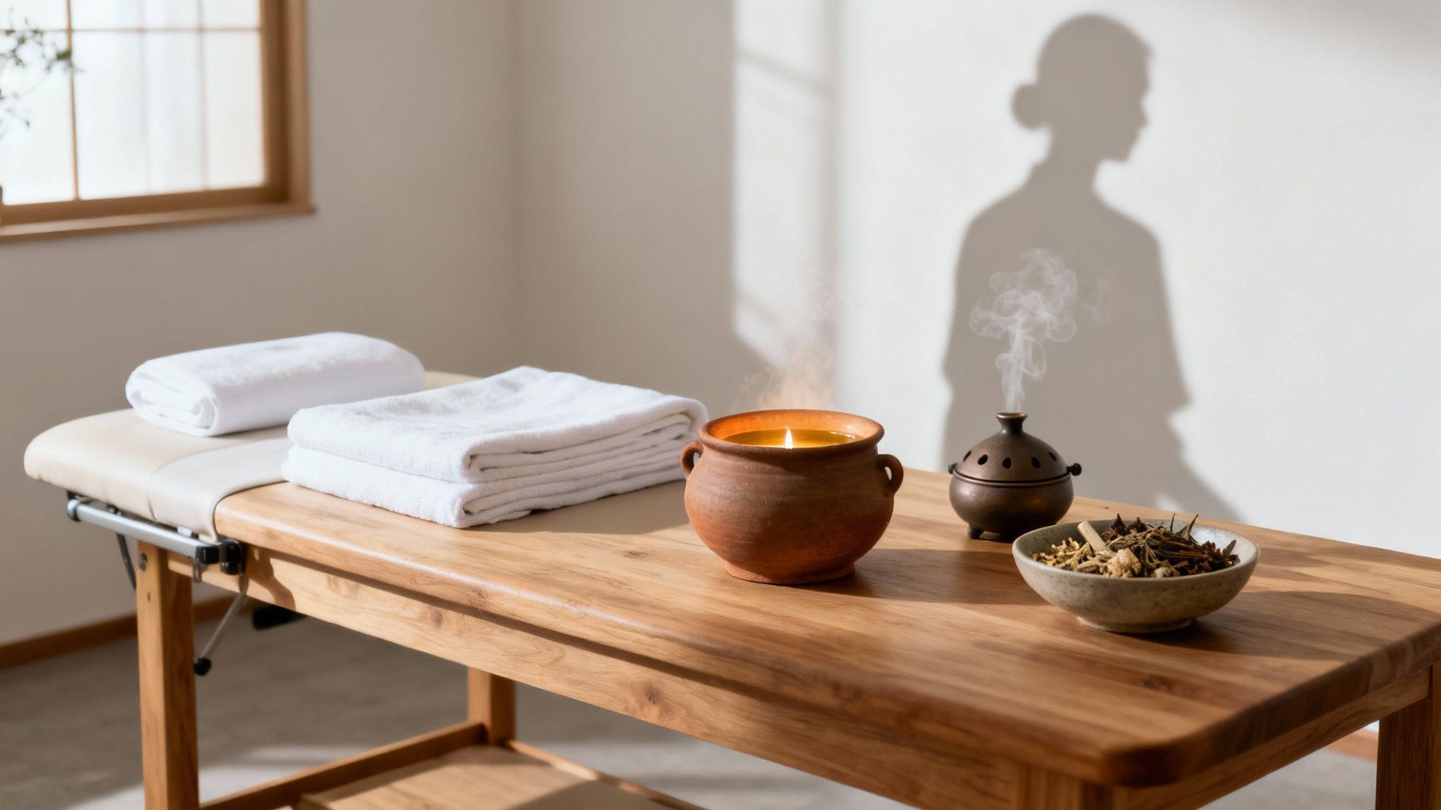 An Ayurvedic treatment setup with a massage table, burning candle, incense, and herbs.
