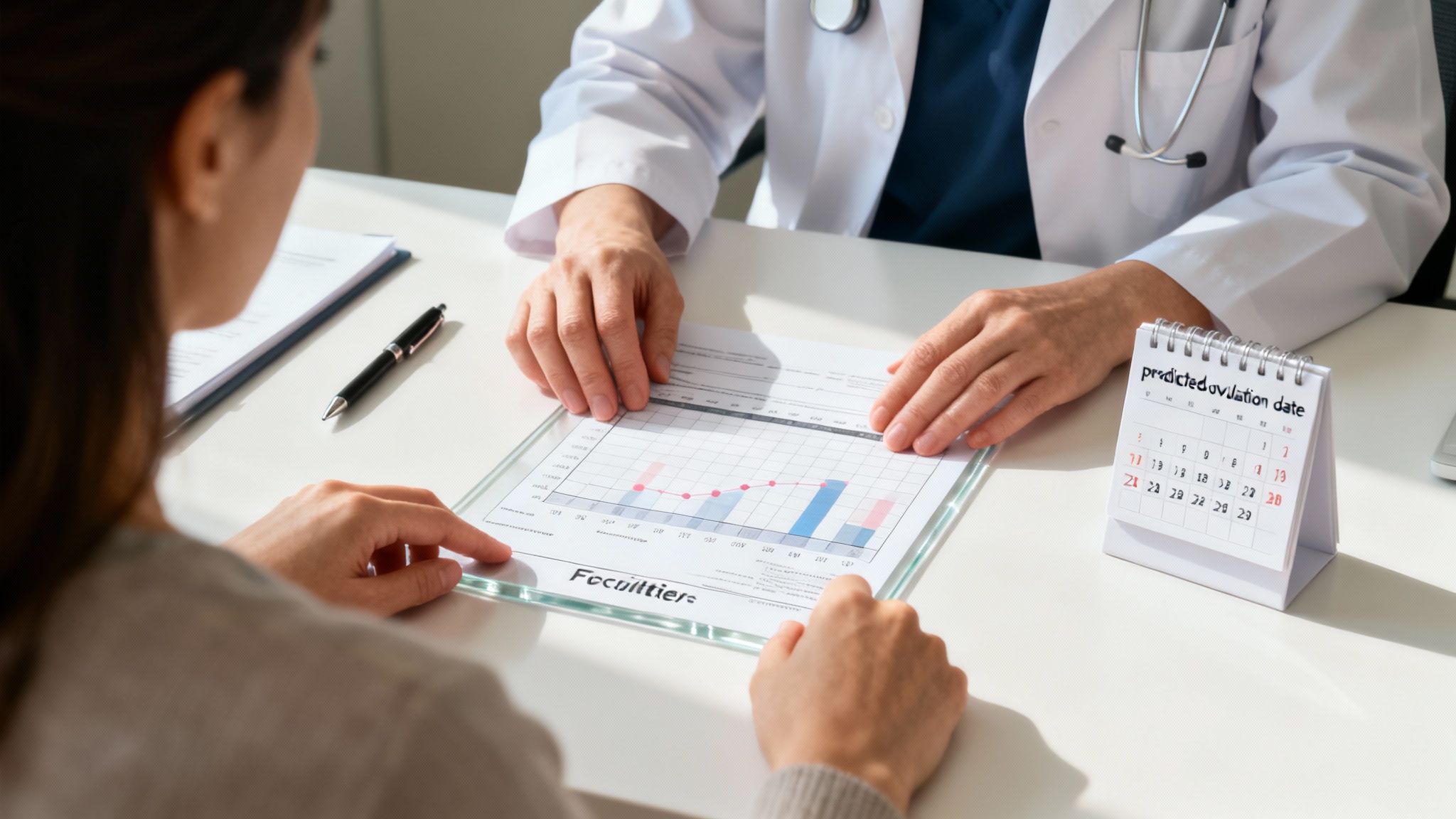 A doctor and patient discuss a medical chart and a calendar for predicted ovulation.