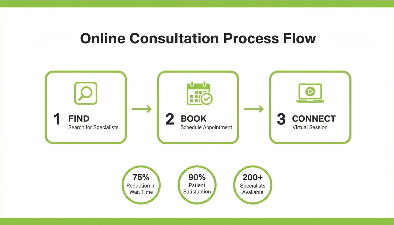 Flowchart of an online consultation process with steps: Find, Book, and Connect, plus key service statistics.