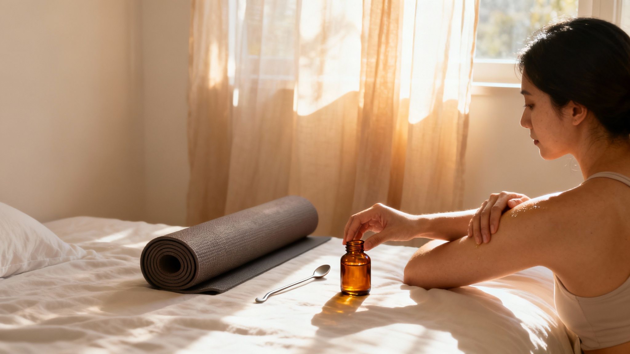 A woman applies Ayurvedic oil to her arm, sitting on a bed with a yoga mat and oil bottle.
