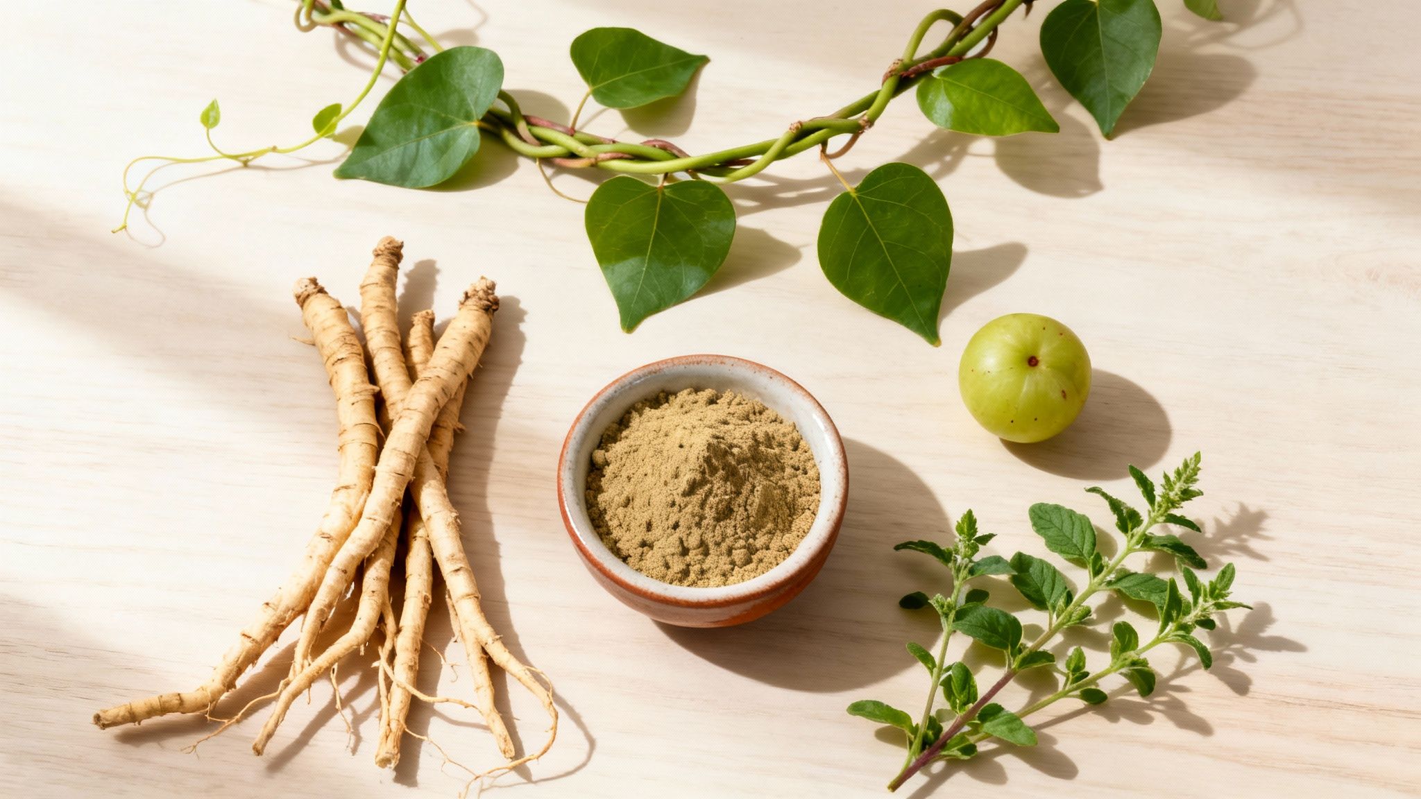 Ayurvedic immunity-boosting ingredients including ginseng roots, amla fruit, herbal powder, and green herbs on wood.