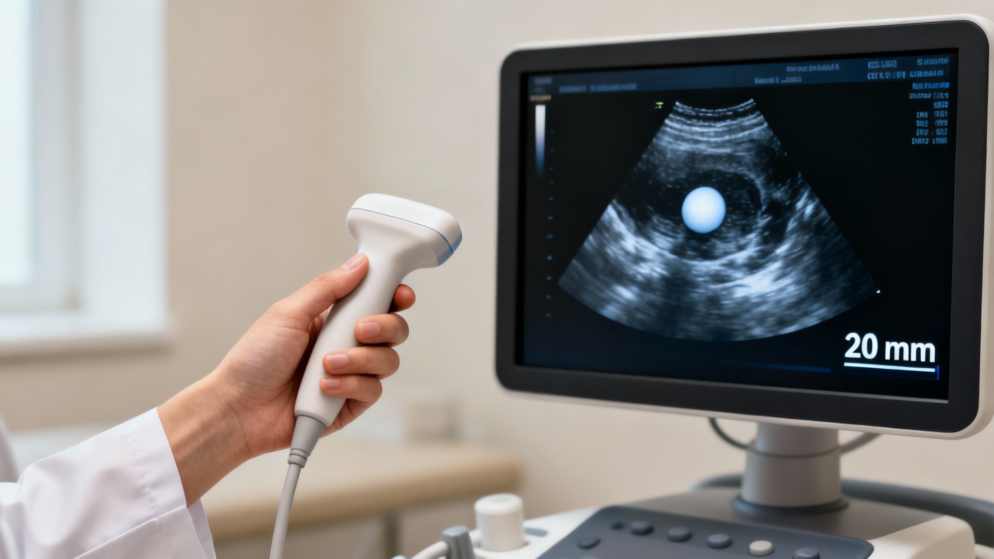 Medical professional holding an ultrasound transducer, displaying a 20 mm follicle on the monitor.