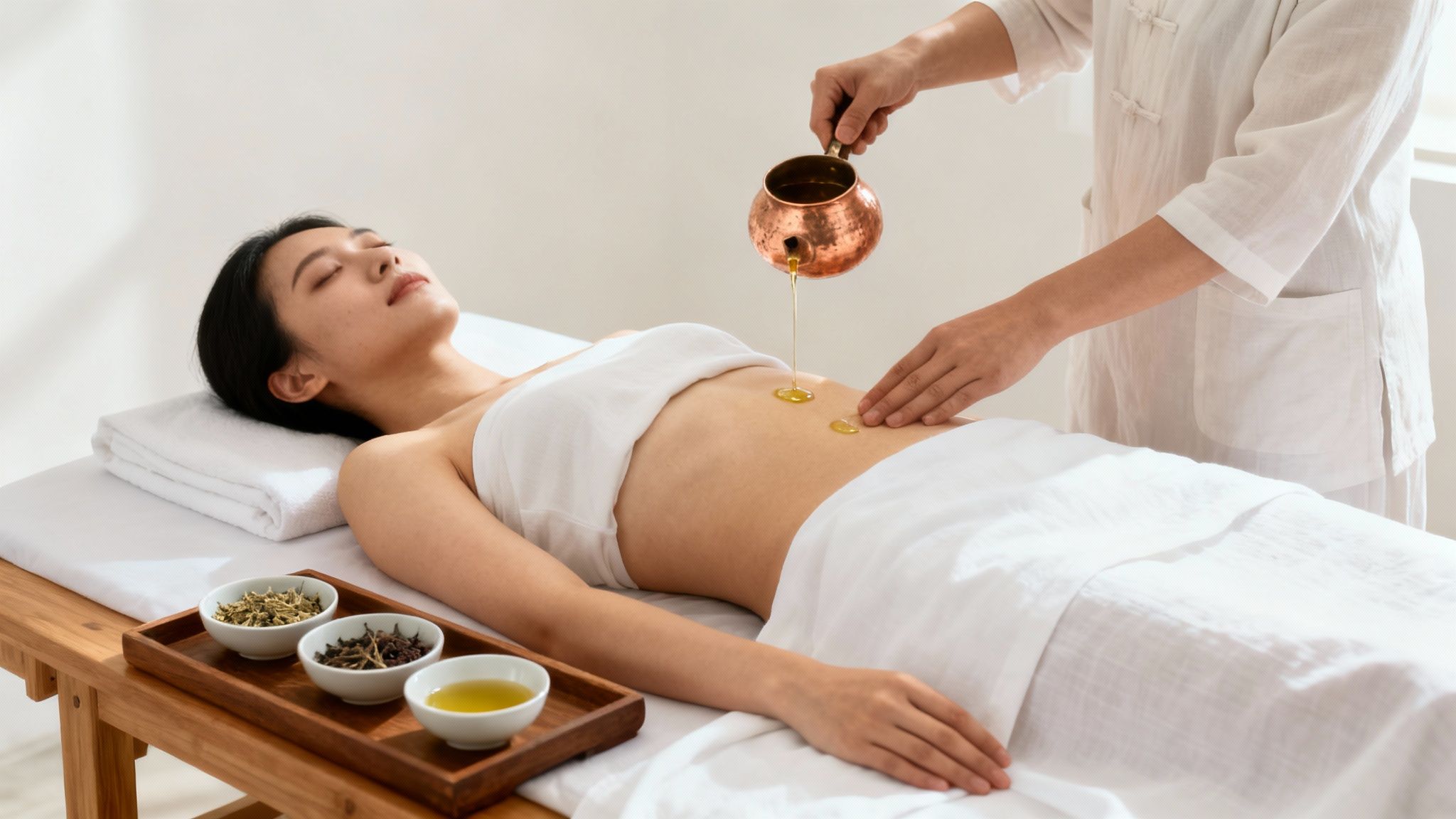 Relaxed woman on spa bed receiving warm oil abdominal treatment, bowls of herbs nearby.