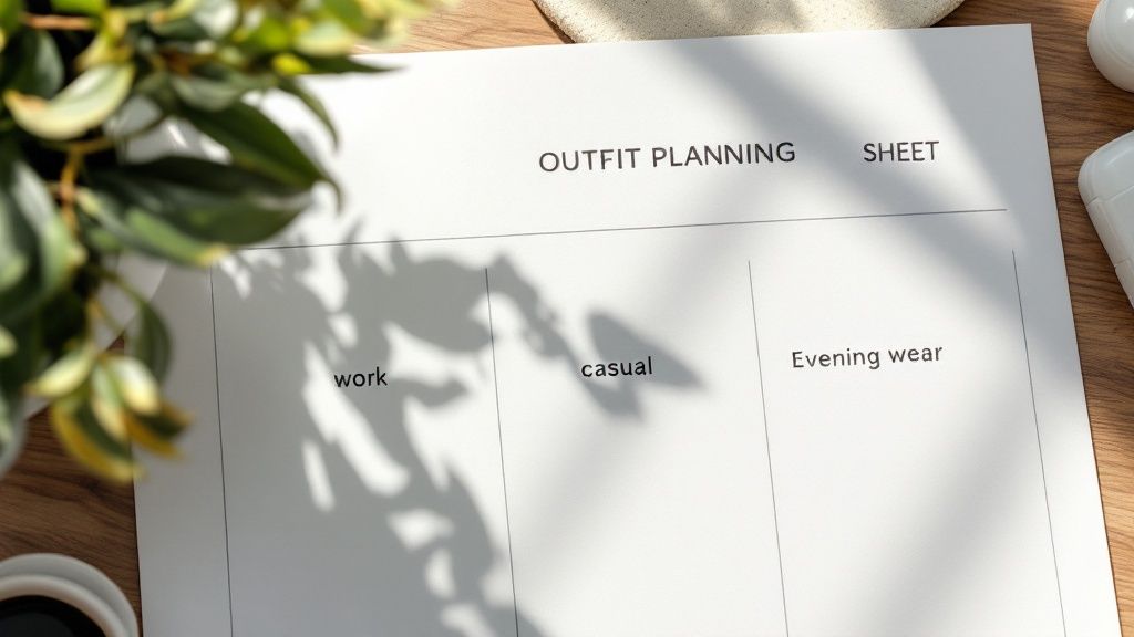 Well-organized capsule wardrobe with neutral-colored clothing neatly hanging on a rack