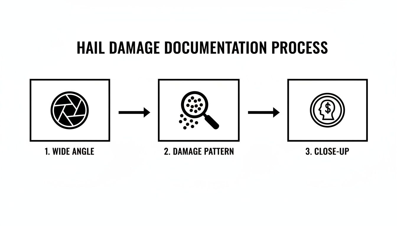 A three-step flowchart illustrating the hail damage documentation process, showing wide-angle, damage pattern, and close-up views.
