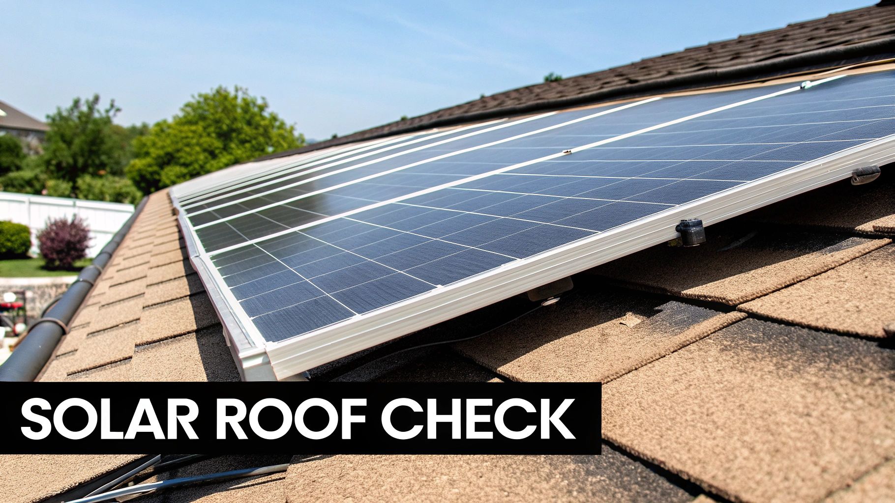 Solar panels installed on a brown shingled residential roof, with a clear blue sky above.