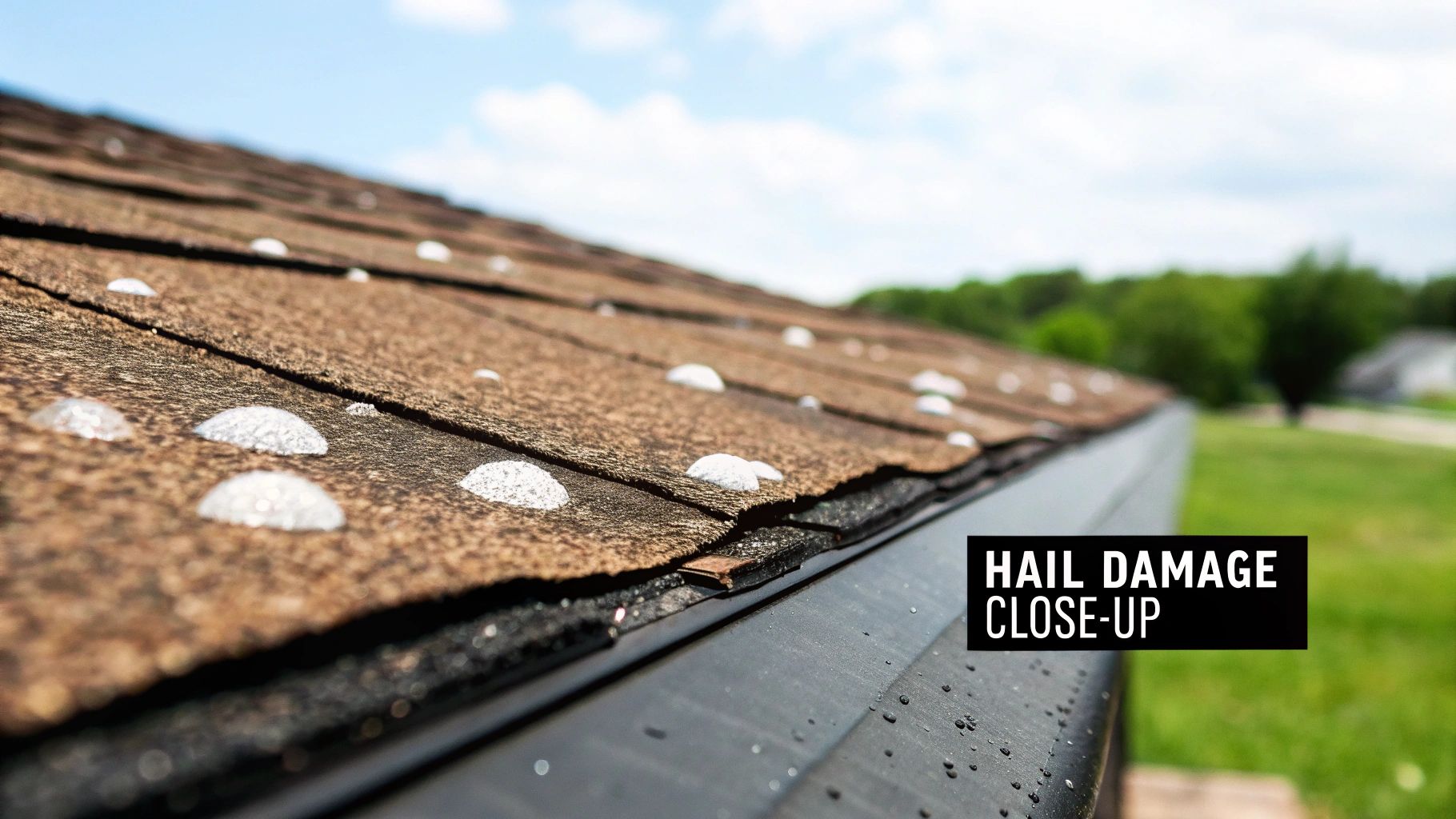 Close-up of a brown shingle roof showing multiple circular impact marks from hail damage, with a wet gutter.