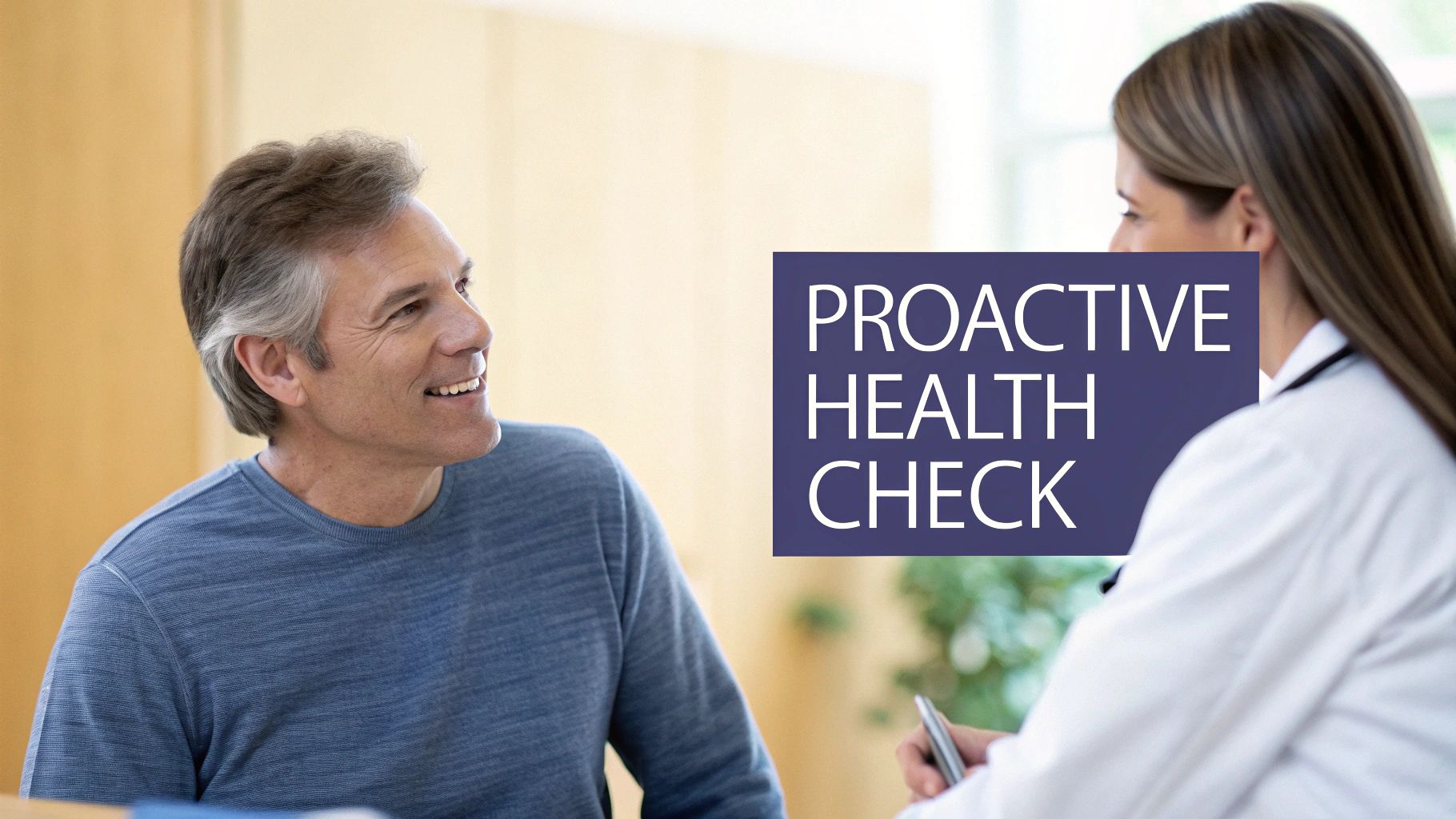 Middle-aged man smiling during proactive health check consultation with female doctor in medical office