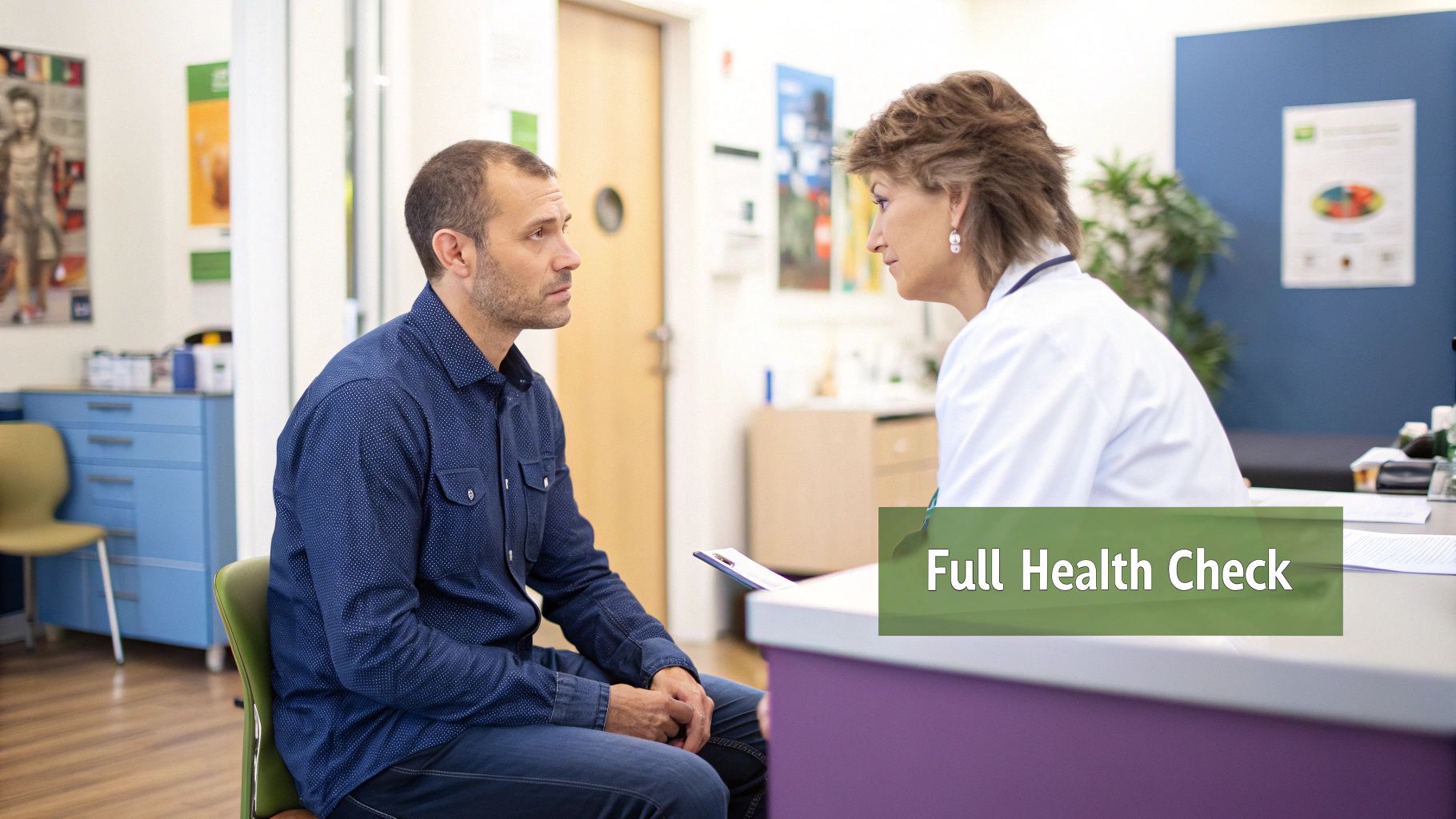 A healthcare professional taking a patient's blood pressure during a full health check appointment.
