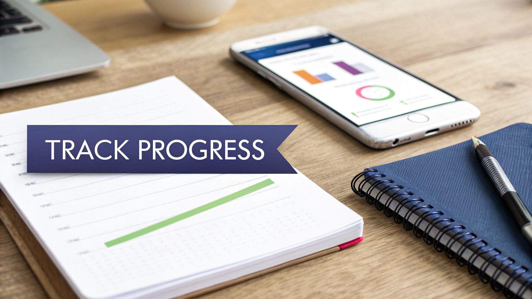 Finding Your Motivation to Exercise and Stick With It 2 Track progress concept with smartphone displaying analytics charts, notebook with green progress bar, and pen on wooden desk