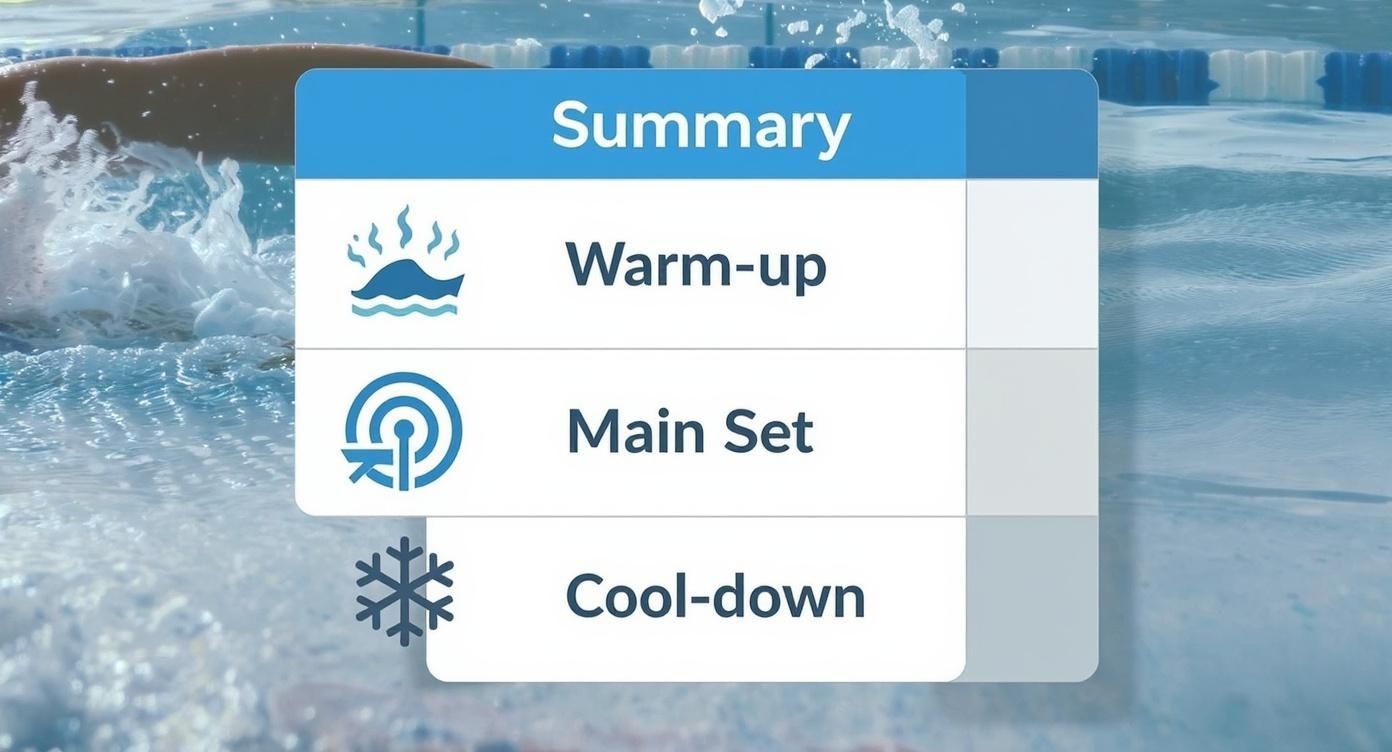 Your Ultimate Swim Training Plan 2 Infographic showing the three core components of a swim workout: Warm-up, Main Set, and Cool-down.