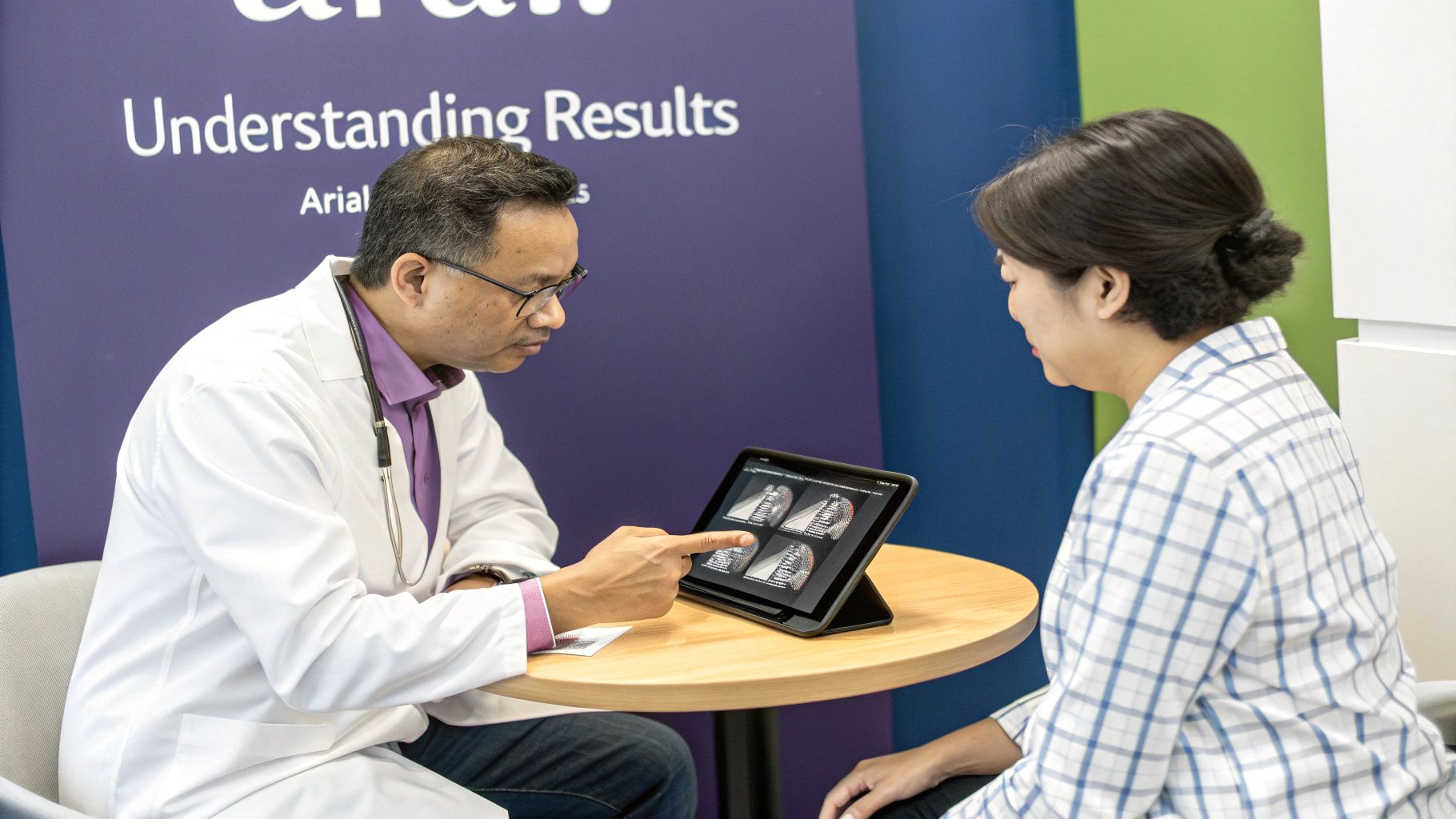 A doctor reviewing heart echo scan results with a patient on a tablet