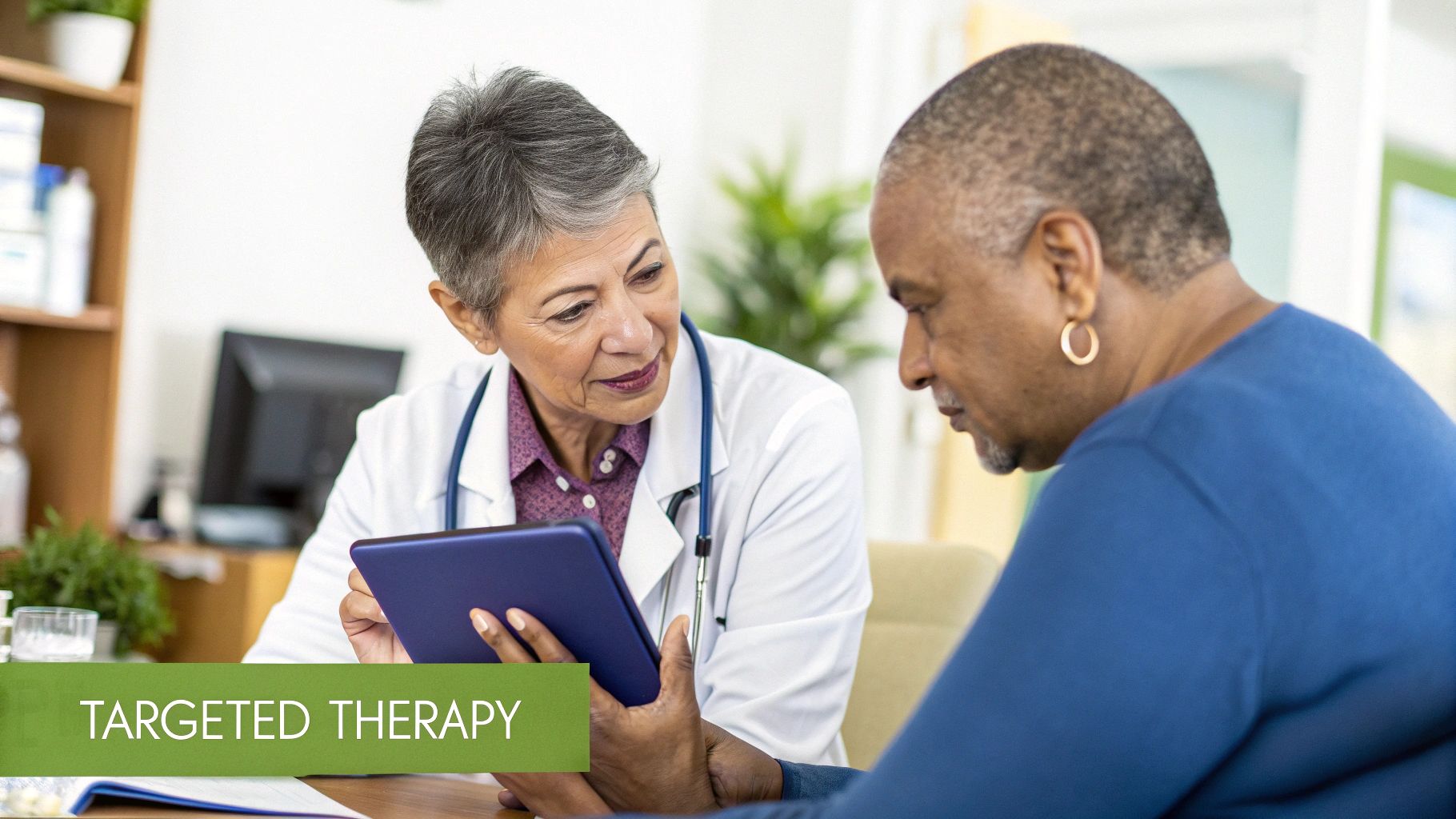 A doctor reviewing a patient's genetic data on a screen, with illustrations of DNA and molecular structures in the background.