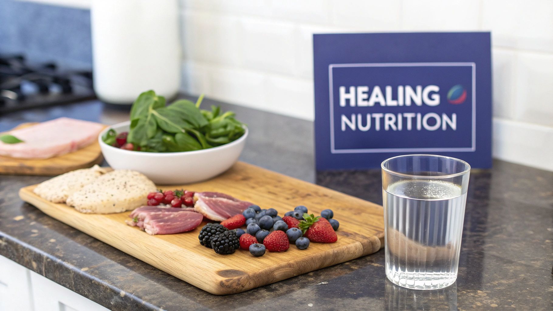 How to Recover from Hamstring Injury: A Patient's Guide to Healing 4 A colourful plate of healthy food including salmon, berries, and leafy greens, symbolising a diet for recovery.