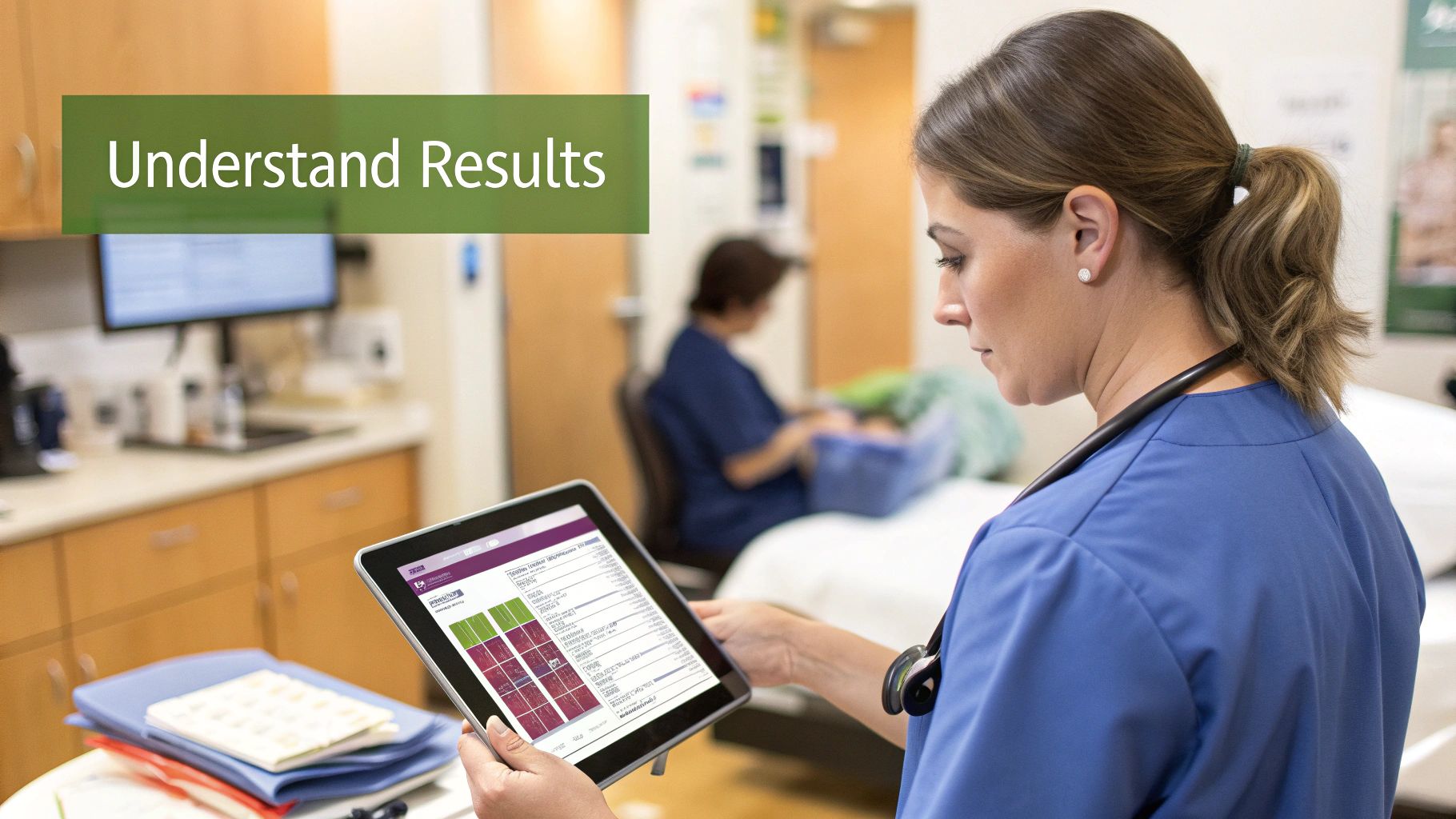A person looking thoughtfully at a tablet displaying health data and charts.
