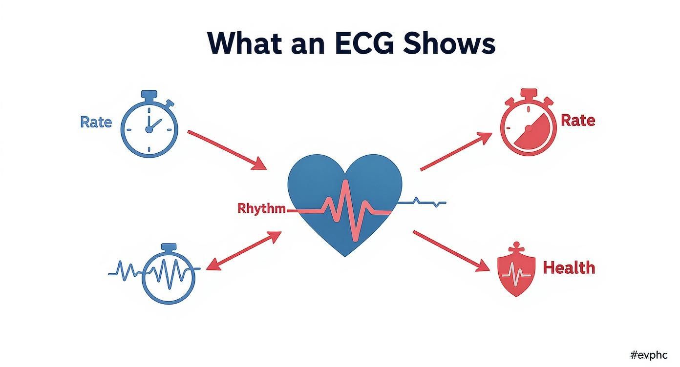 Diagram showing ECG measures heart rate, rhythm, and overall cardiovascular health with stopwatch and heart icons