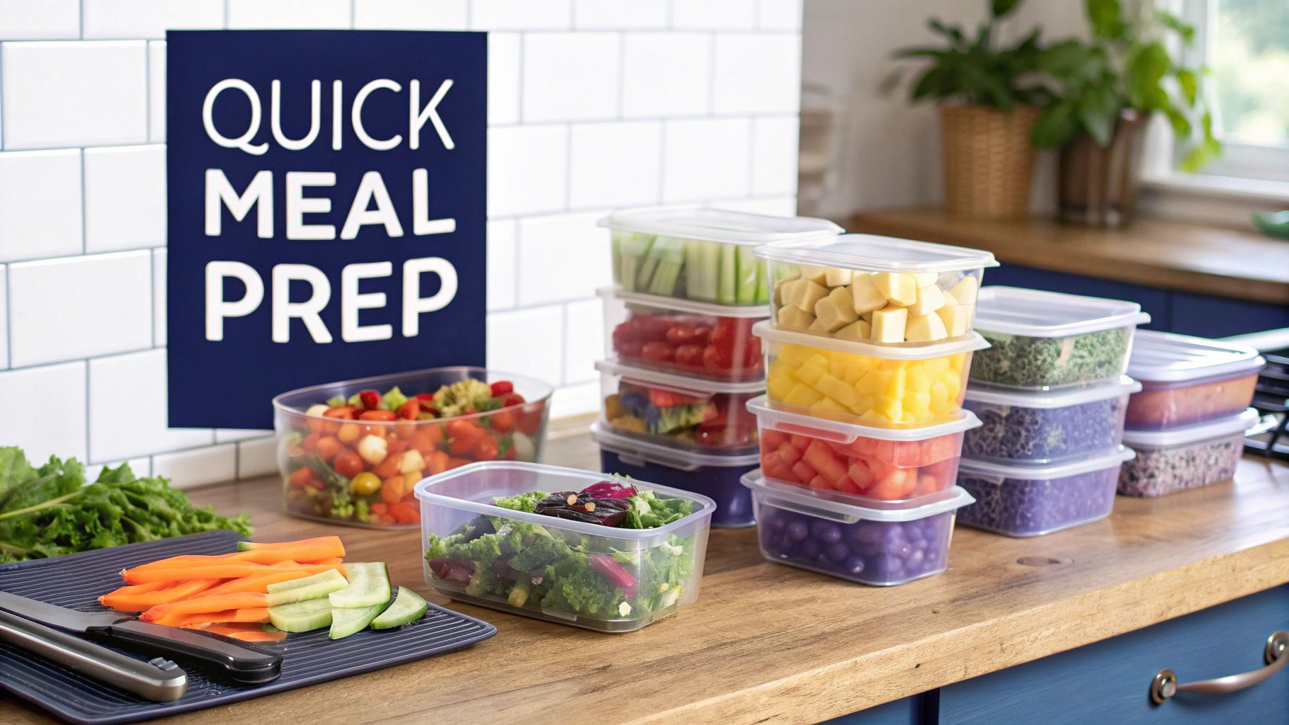 A family happily meal prepping together in a bright, modern kitchen.