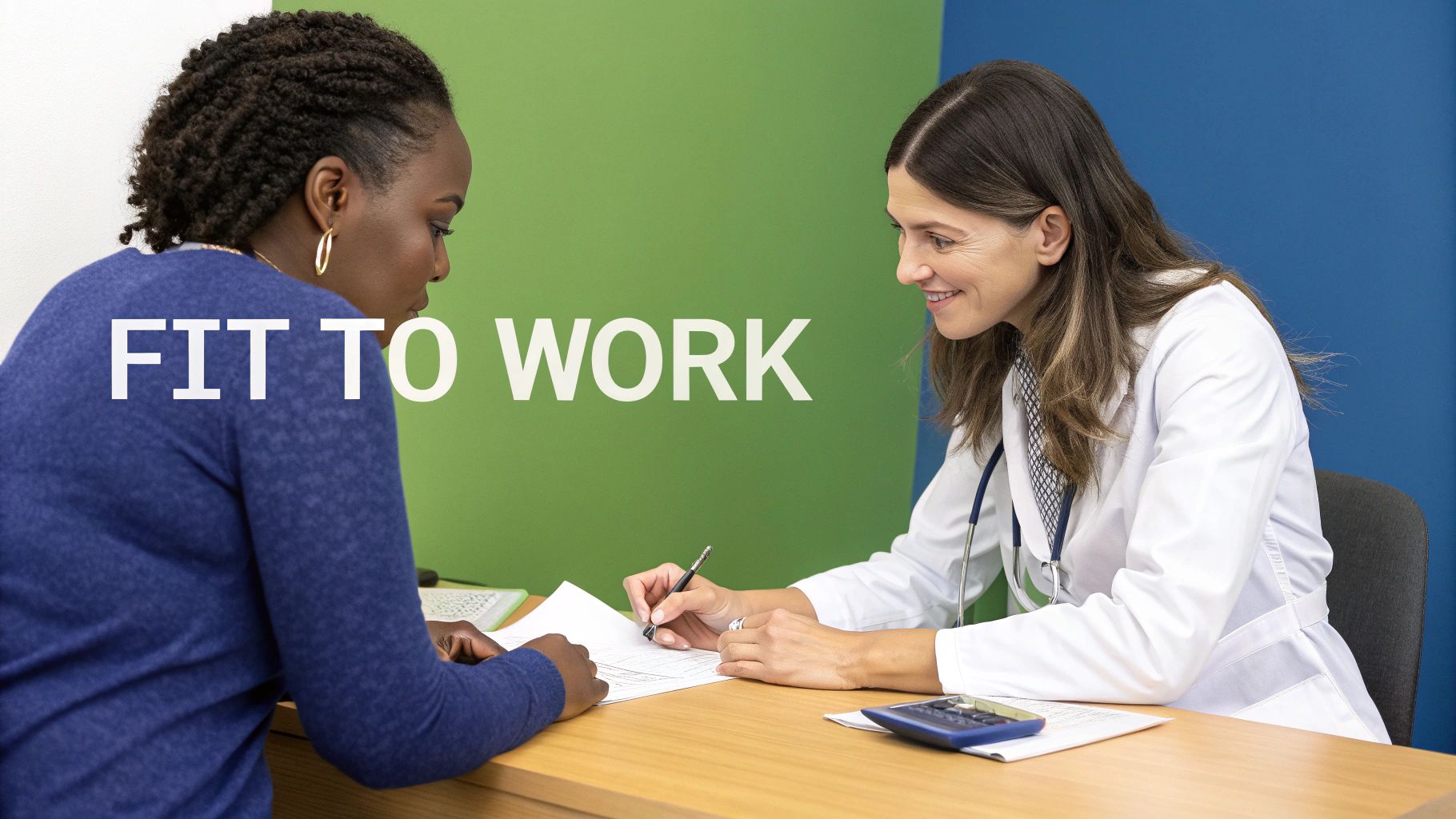 How to get fit to work certificate in Bristol 1 A doctor reviewing a patient's medical documents at a desk