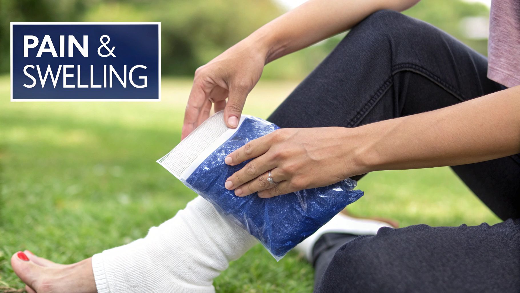 A person applying an ice pack to their swollen ankle to manage pain and inflammation.