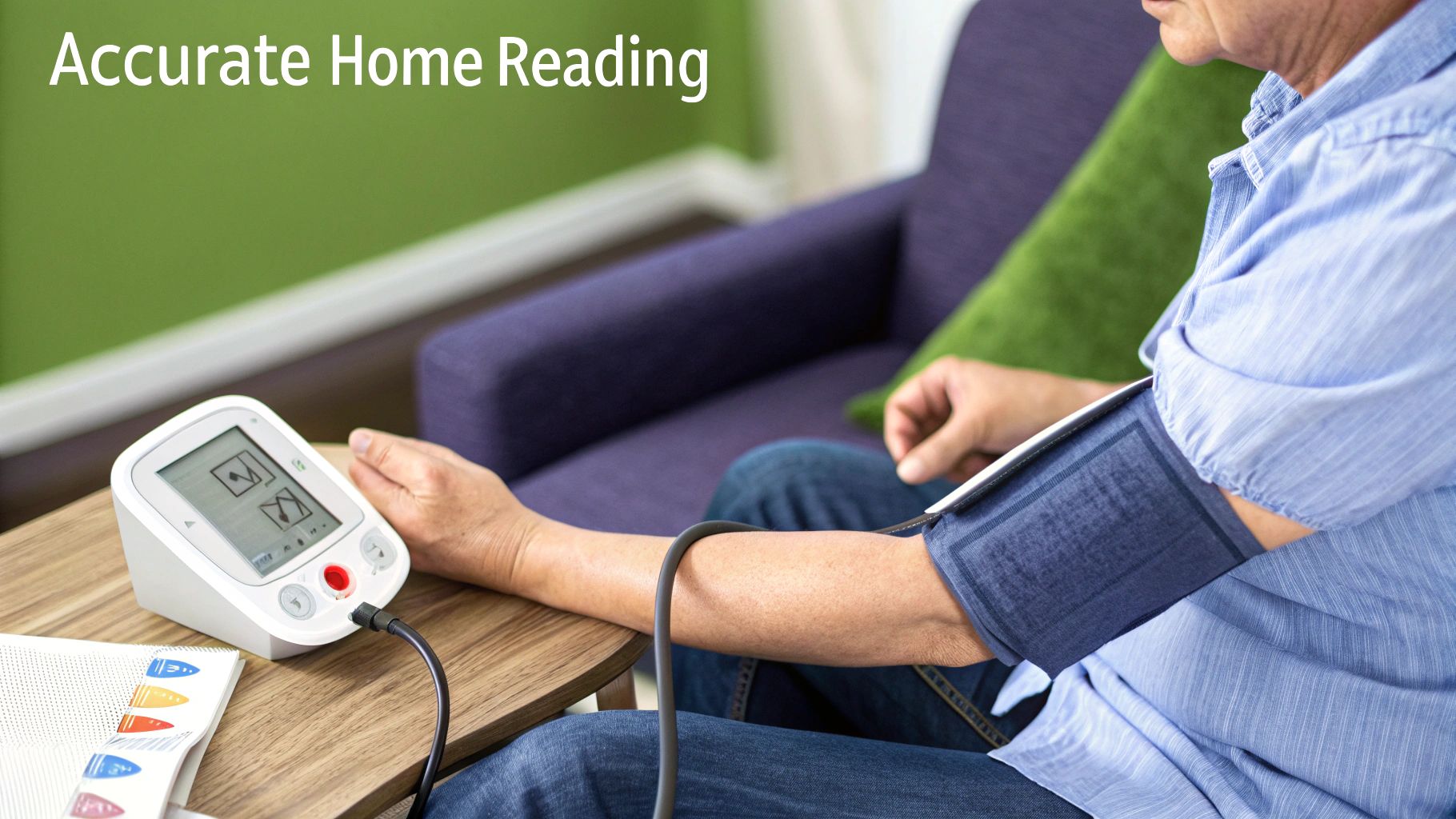 A person using a digital blood pressure monitor on their arm while sitting at a table.