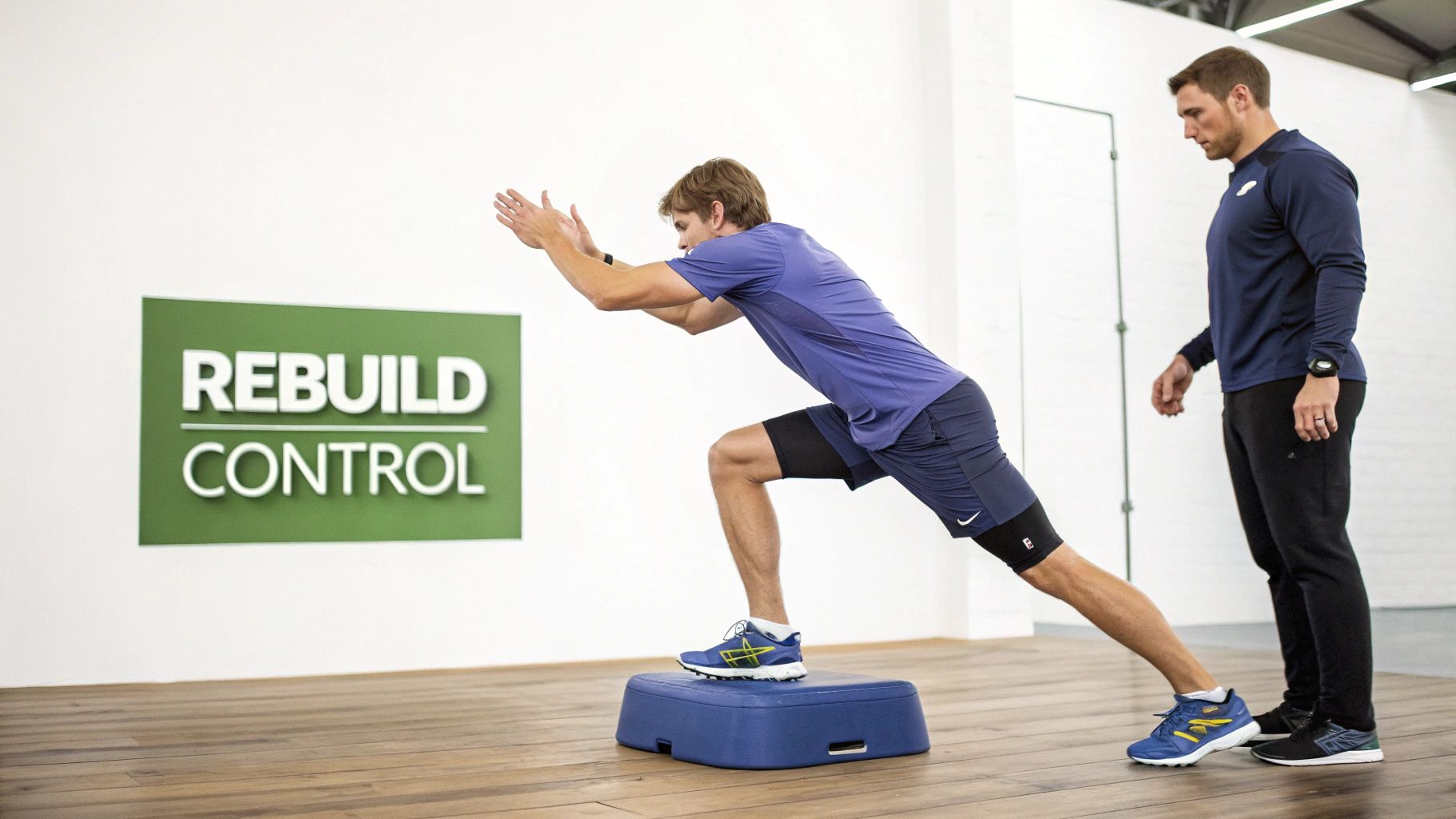 A person performing a single-leg squat with a resistance band in a gym