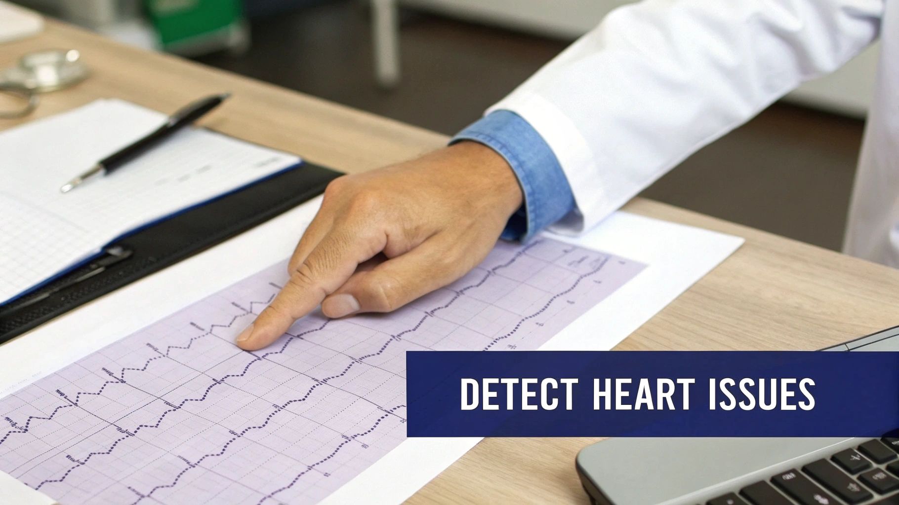 Doctor pointing at electrocardiogram printout on desk to detect heart issues and abnormalities