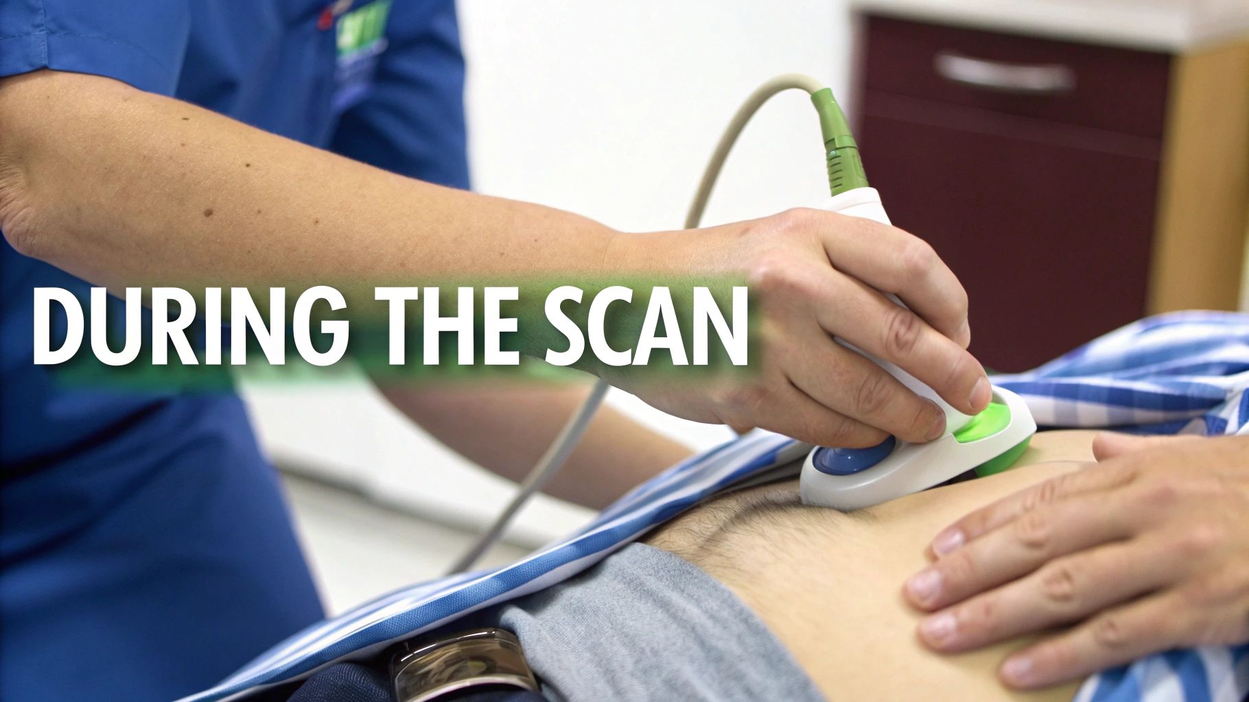 A cardiac sonographer applying a transducer probe to a patient's chest