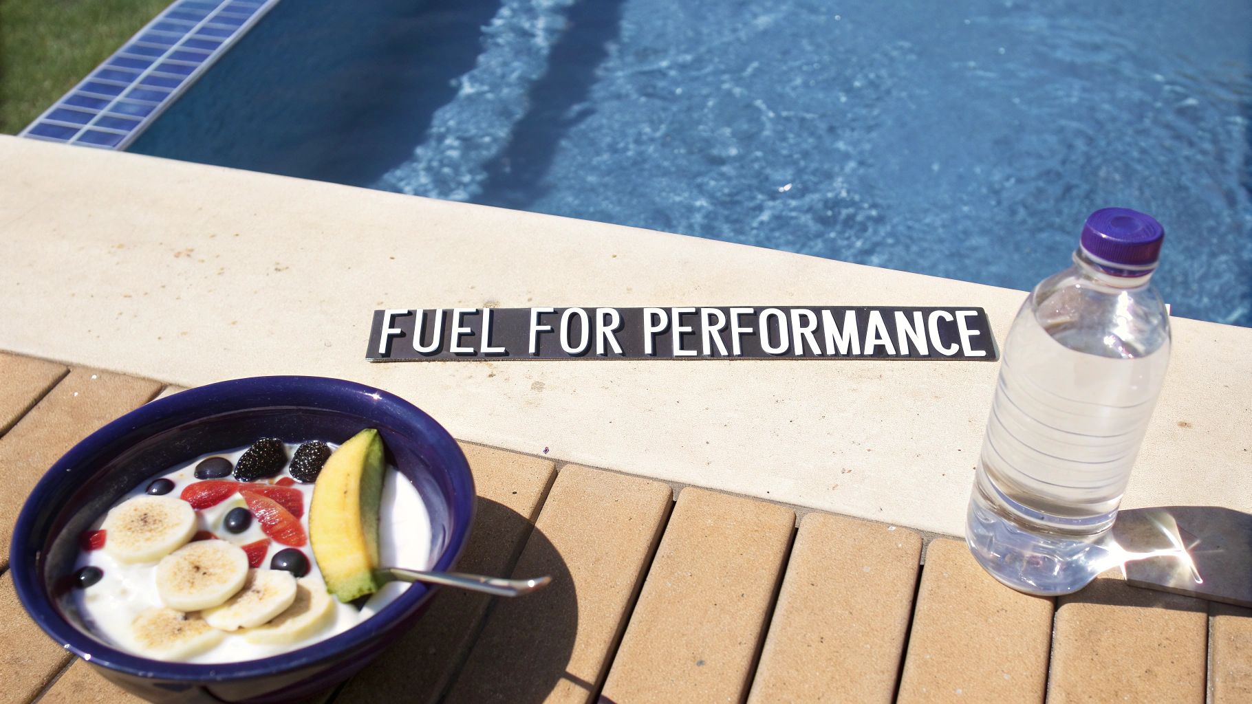 Your Ultimate Swim Training Plan 3 A swimmer surfaces in a pool, feeling refreshed and ready to go, highlighting the importance of proper fueling and hydration.