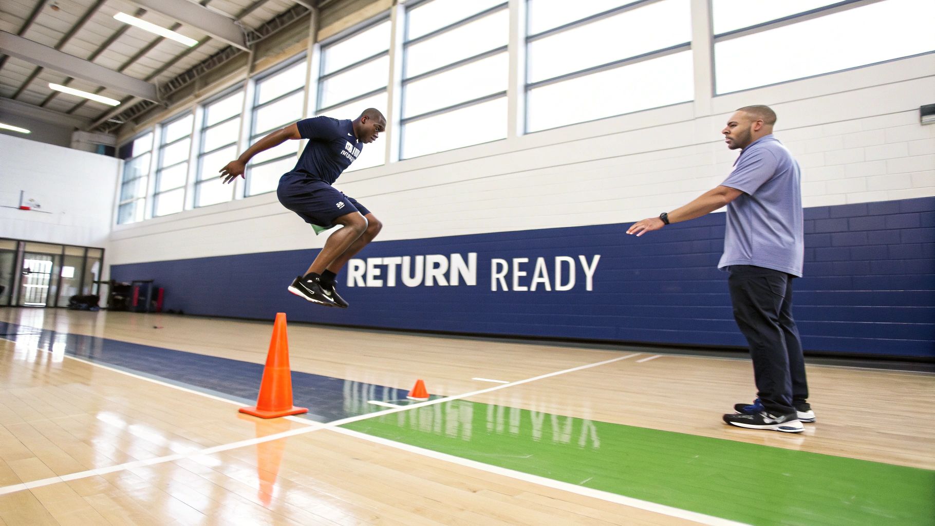 An athlete performing agility drills on a sports field.