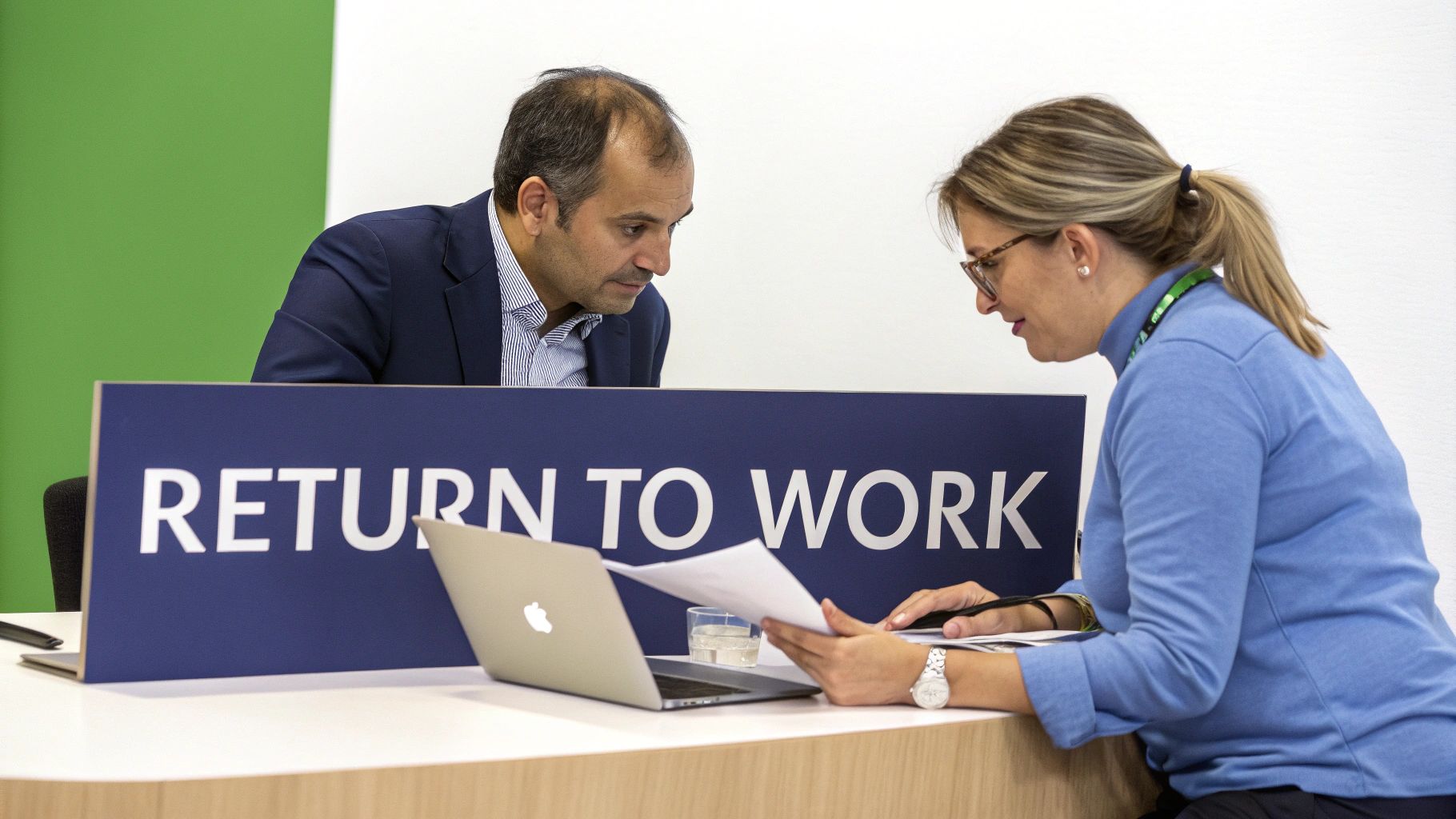 How to get fit to work certificate in Bristol 4 A person at a desk having a supportive conversation with their manager.