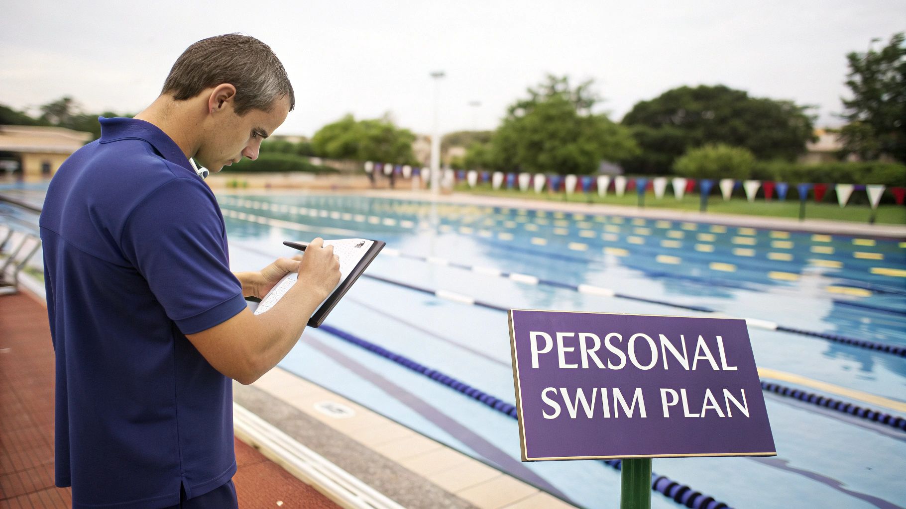 Your Ultimate Swim Training Plan 1 A swimmer in a pool, captured from an underwater perspective, showing their swim training plan in action.