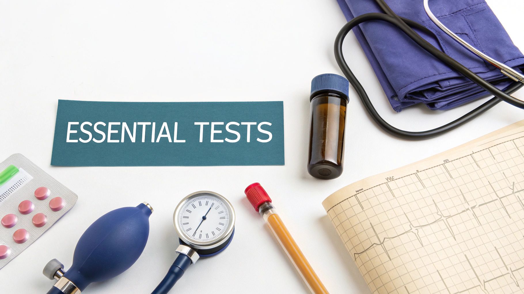 Essential medical tests equipment including blood pressure monitor, stethoscope, medication, and blood sample tubes on white background