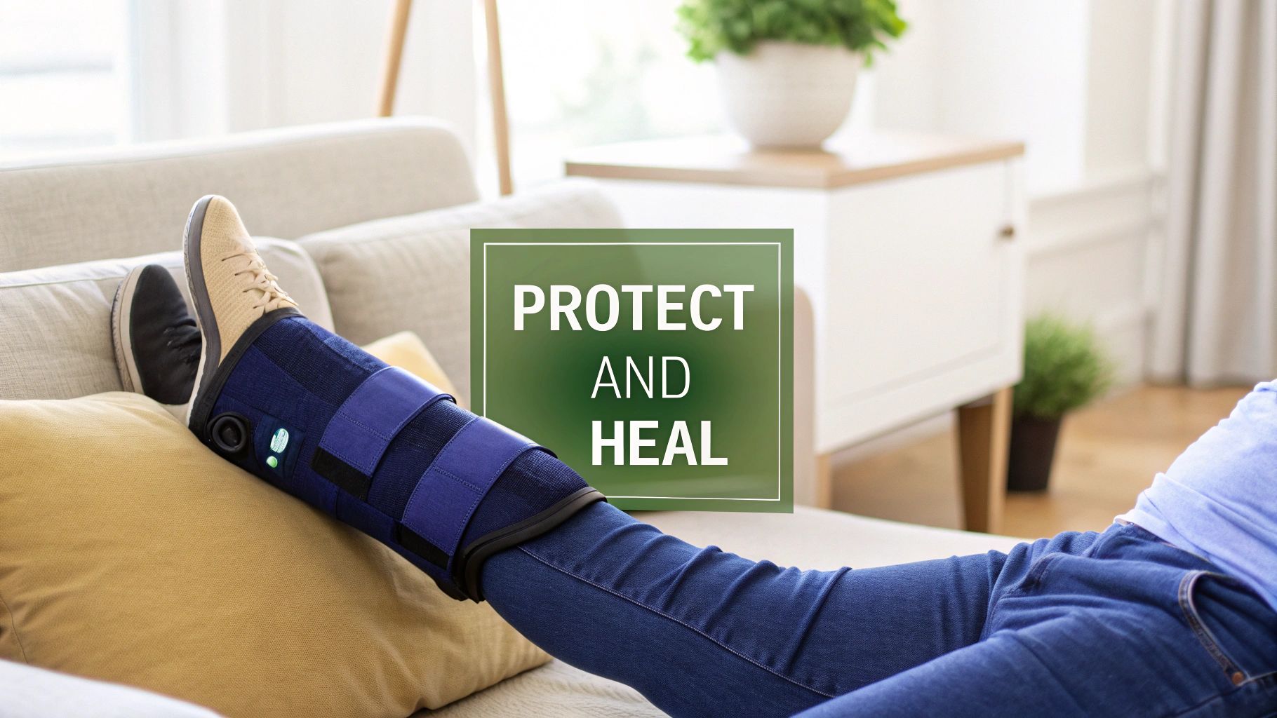 Man icing his knee with leg elevated